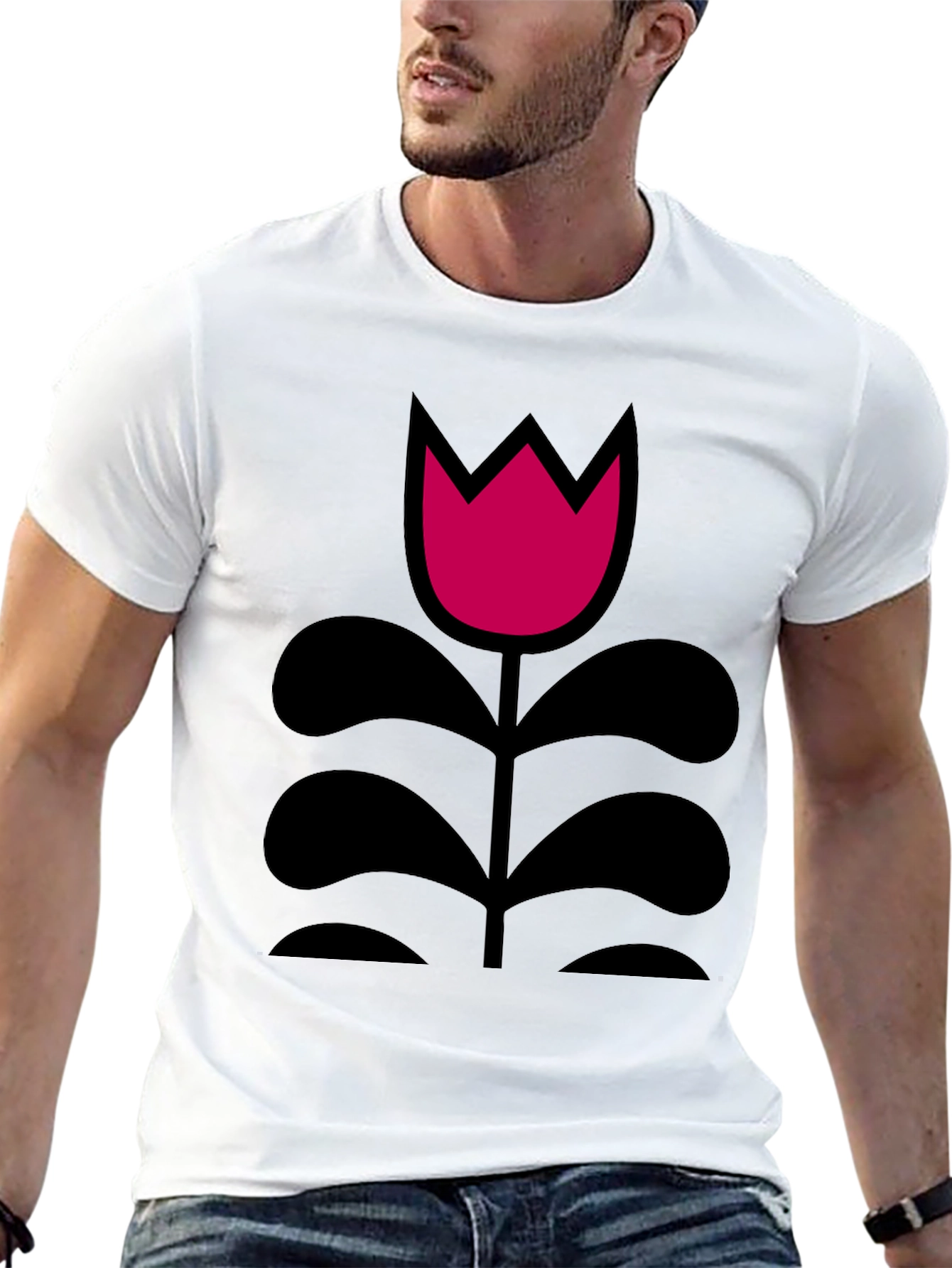 Black T-Shirt with Pink Flower Design