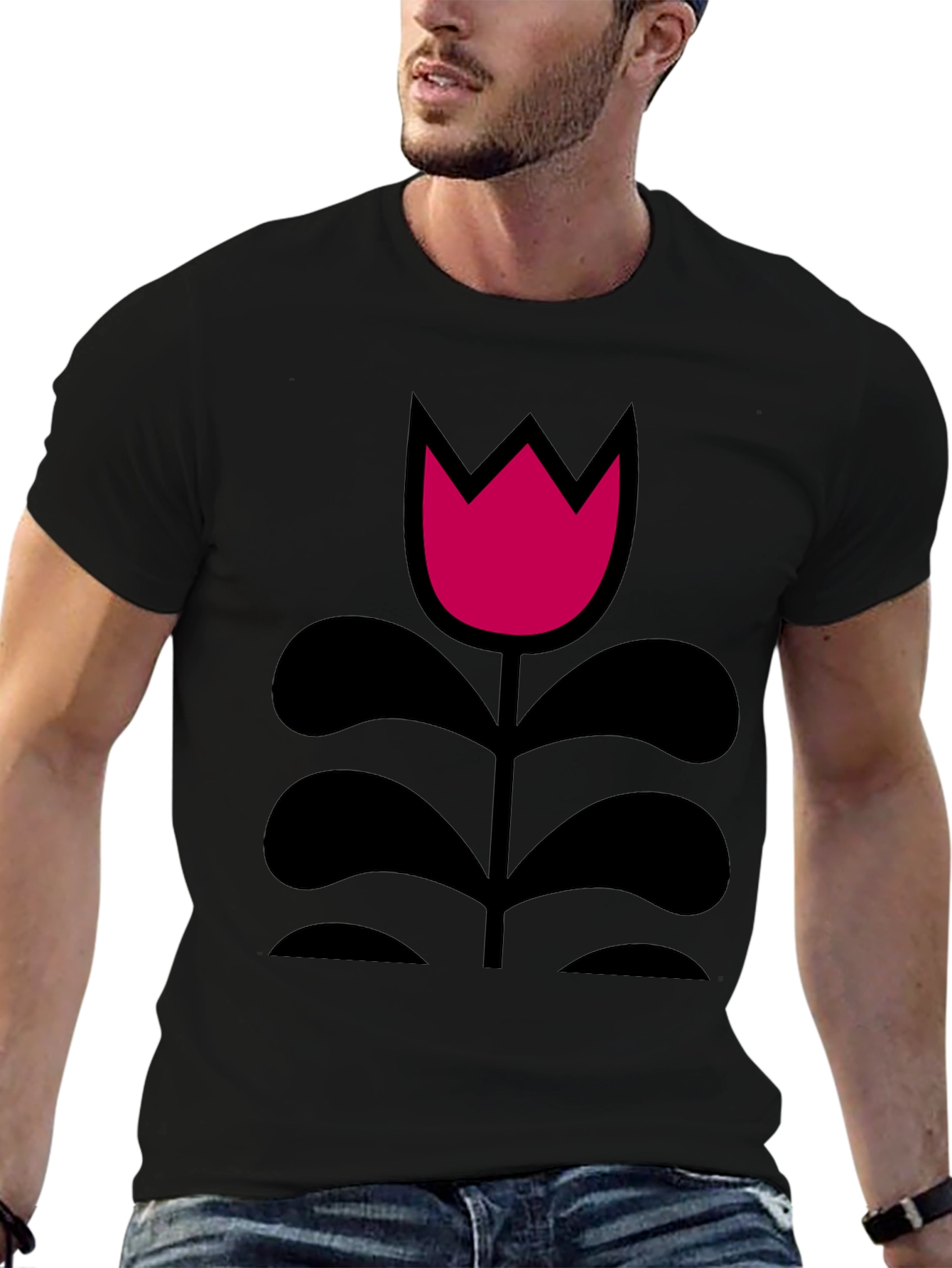 Black T-Shirt with Pink Flower Design