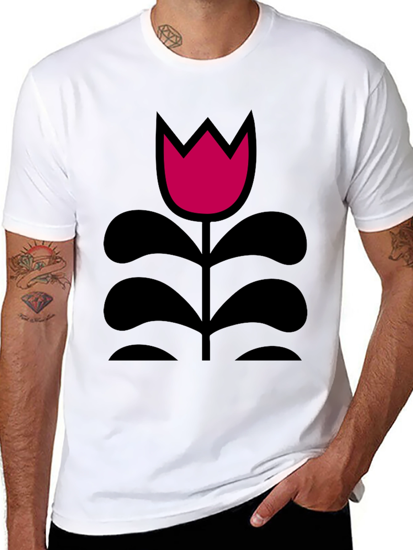 Black T-Shirt with Pink Flower Design