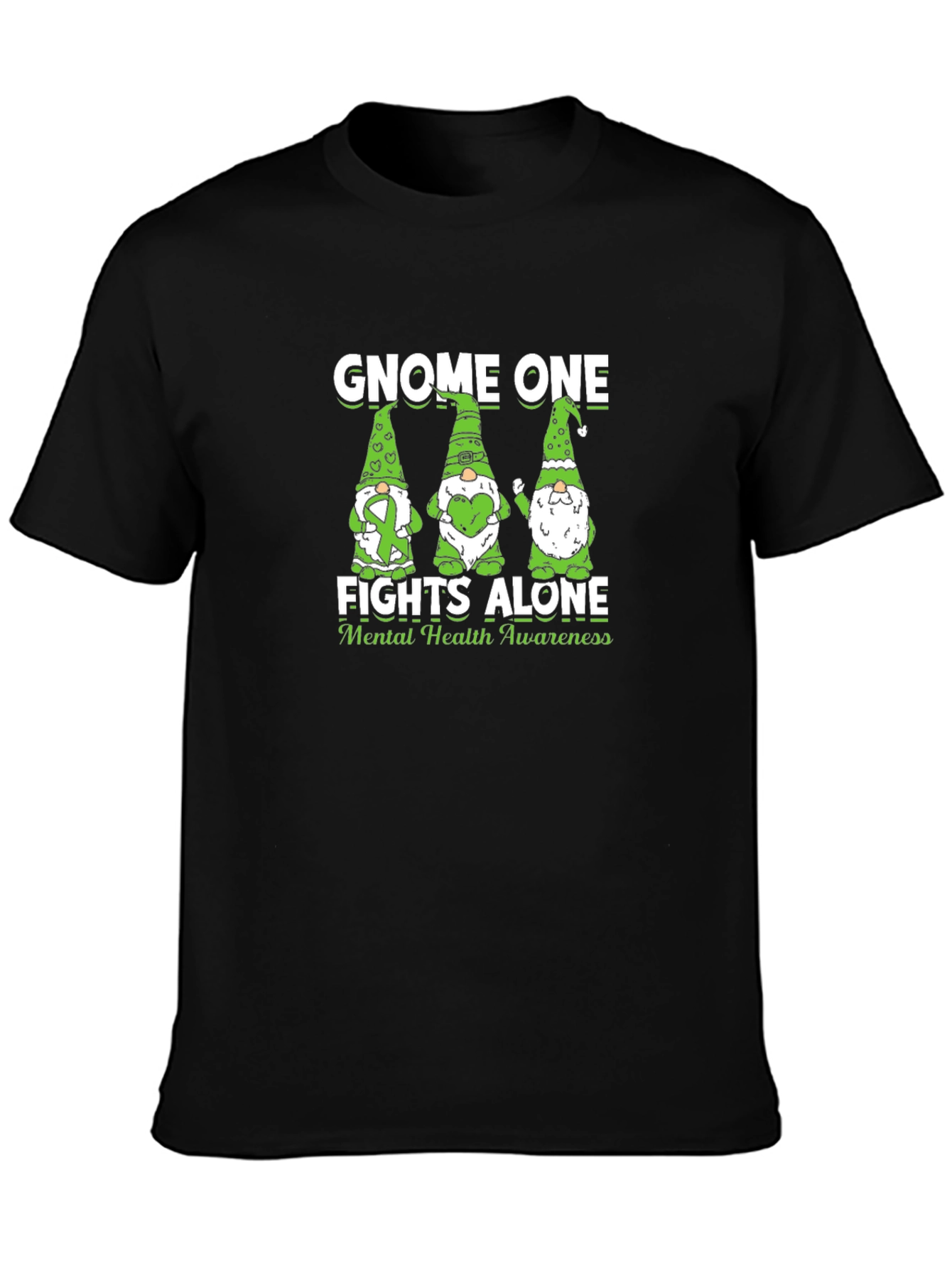 Gnome One Fights Alone Mental Health Awareness Black T-Shirt