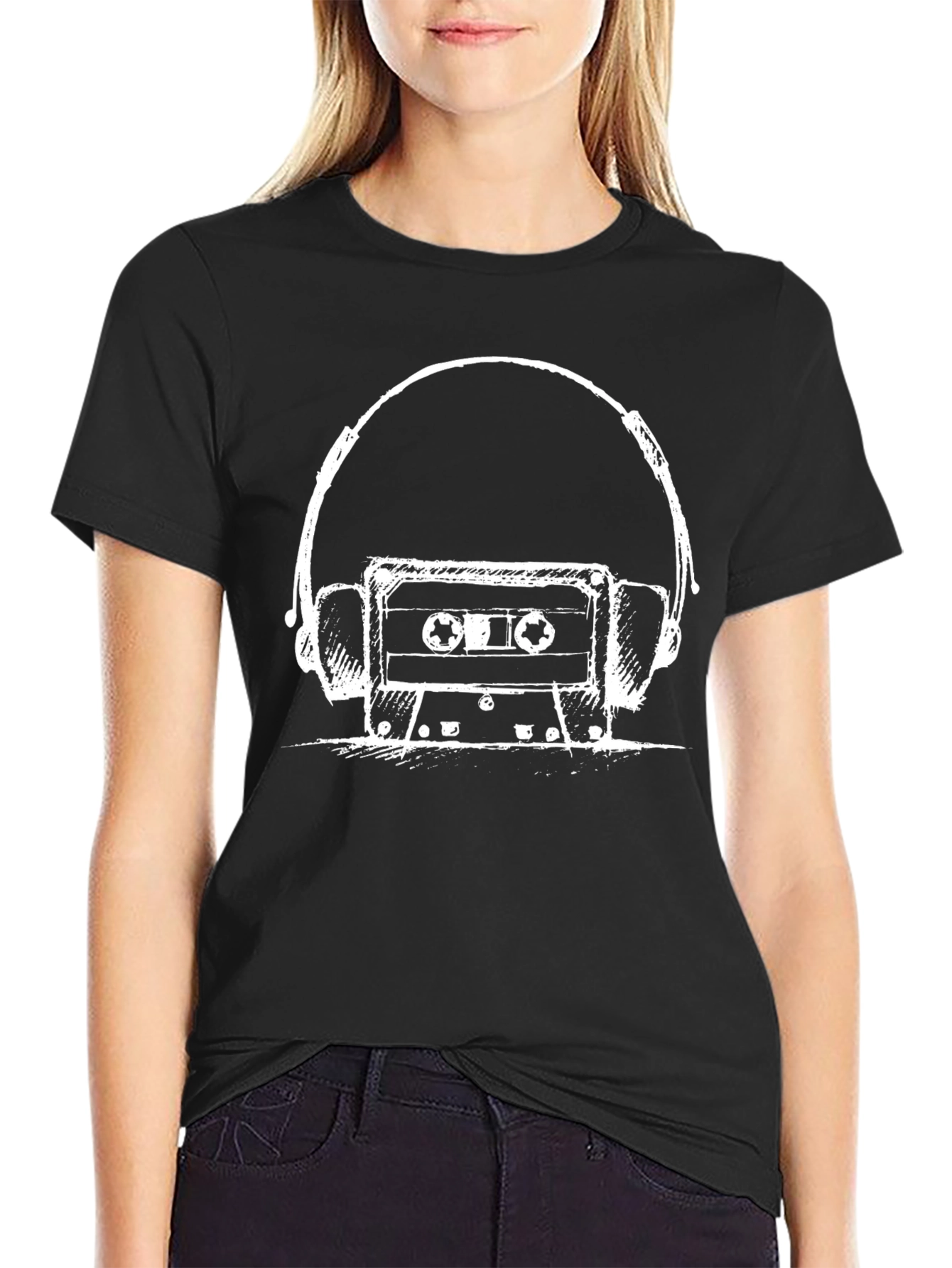 Retro Cassette & Headphones Graphic Tee - Black