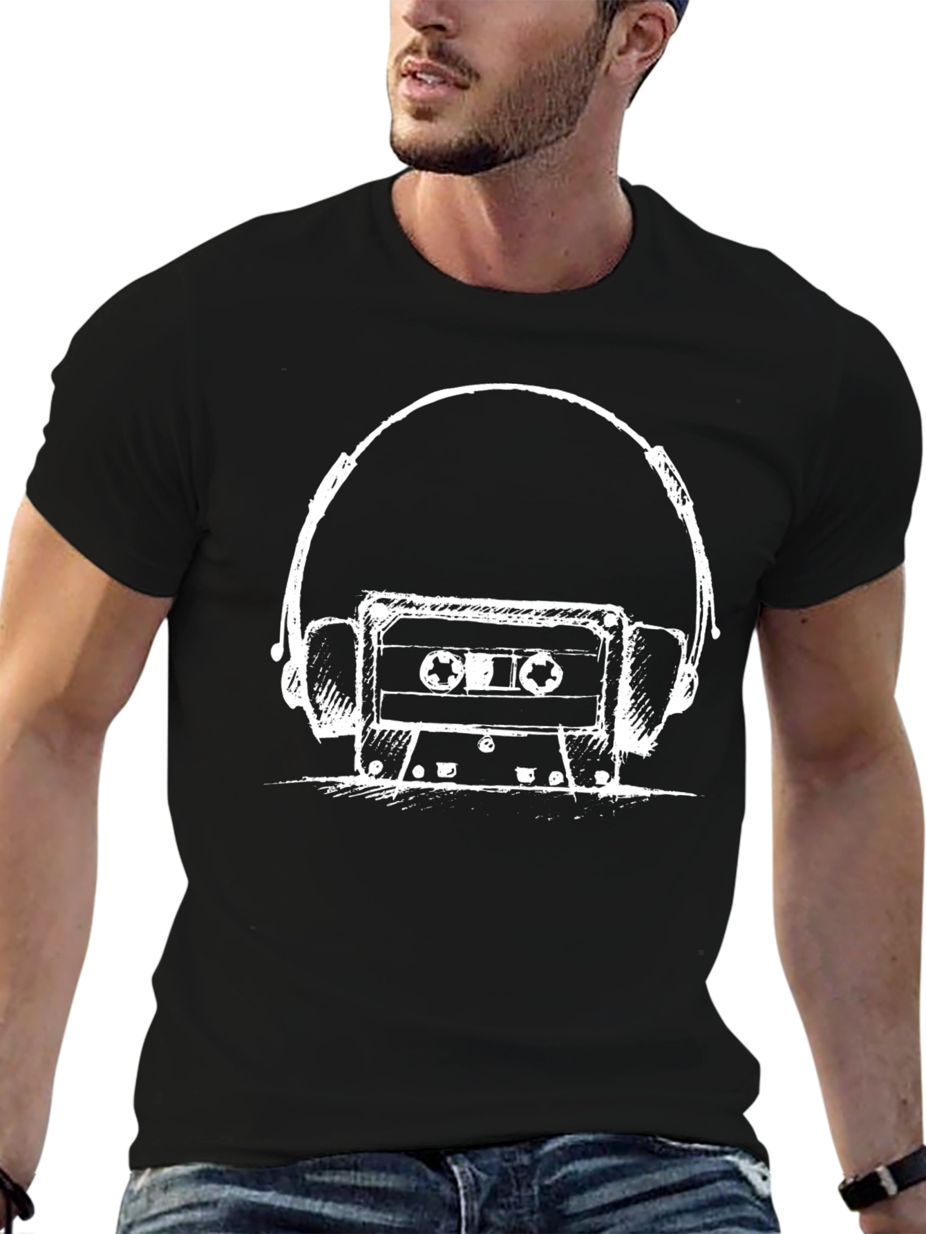 Retro Cassette & Headphones Graphic Tee - Black