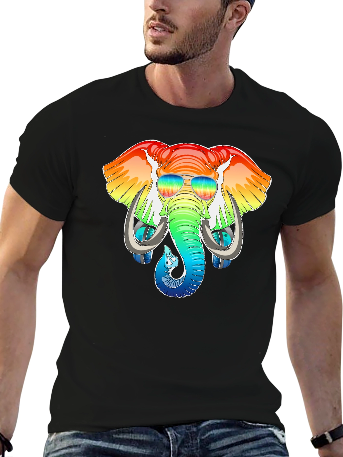 Rainbow Elephant Graphic T-Shirt - Mens Black Tee