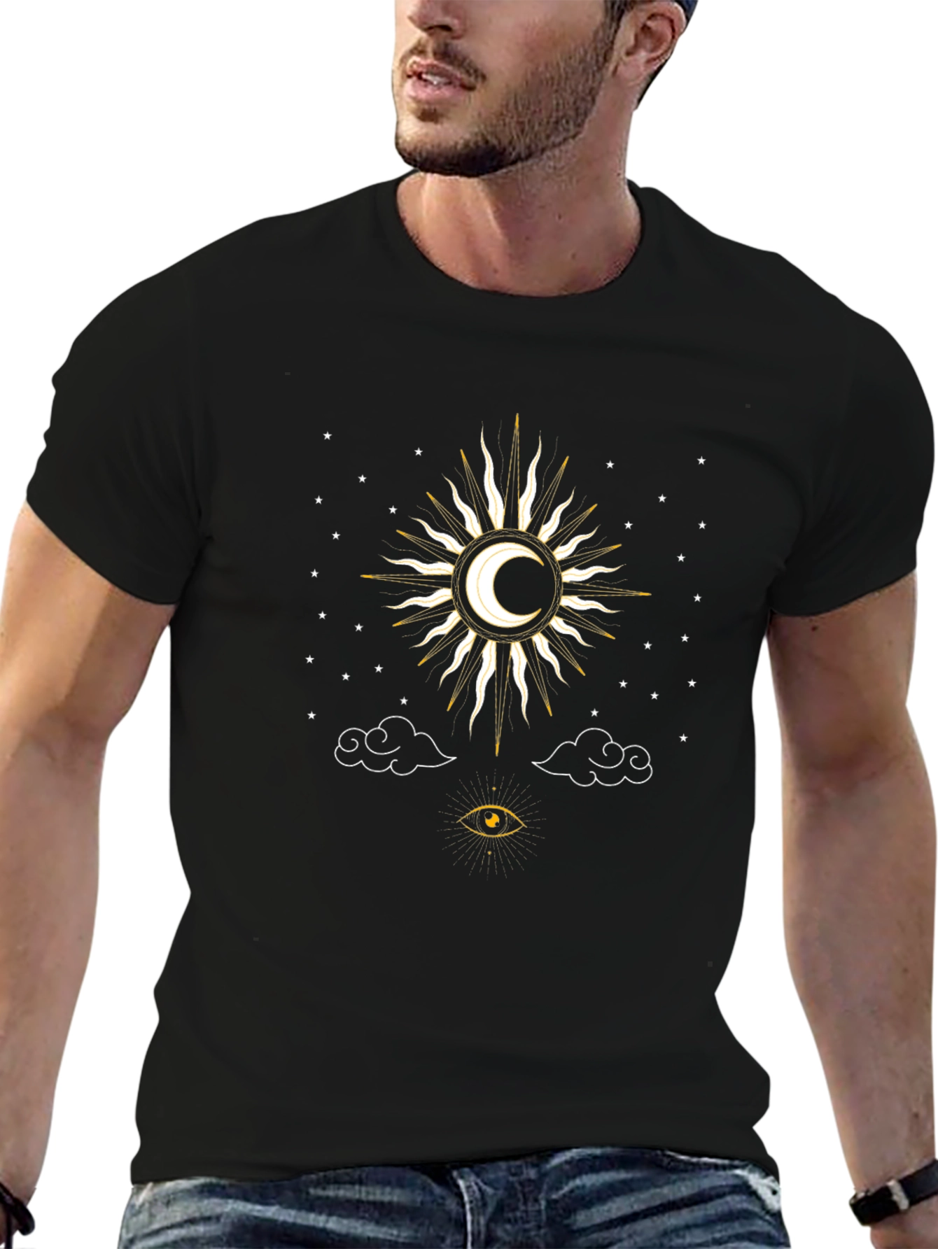 Celestial Sun & Moon Graphic Tee - Black Cotton