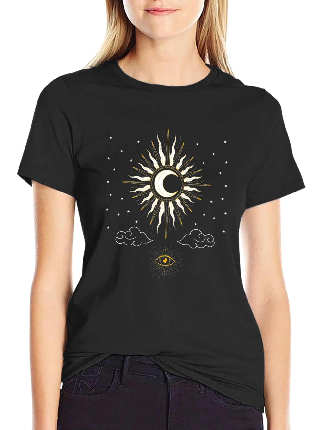 Celestial Sun & Moon Graphic Tee - Black Cotton