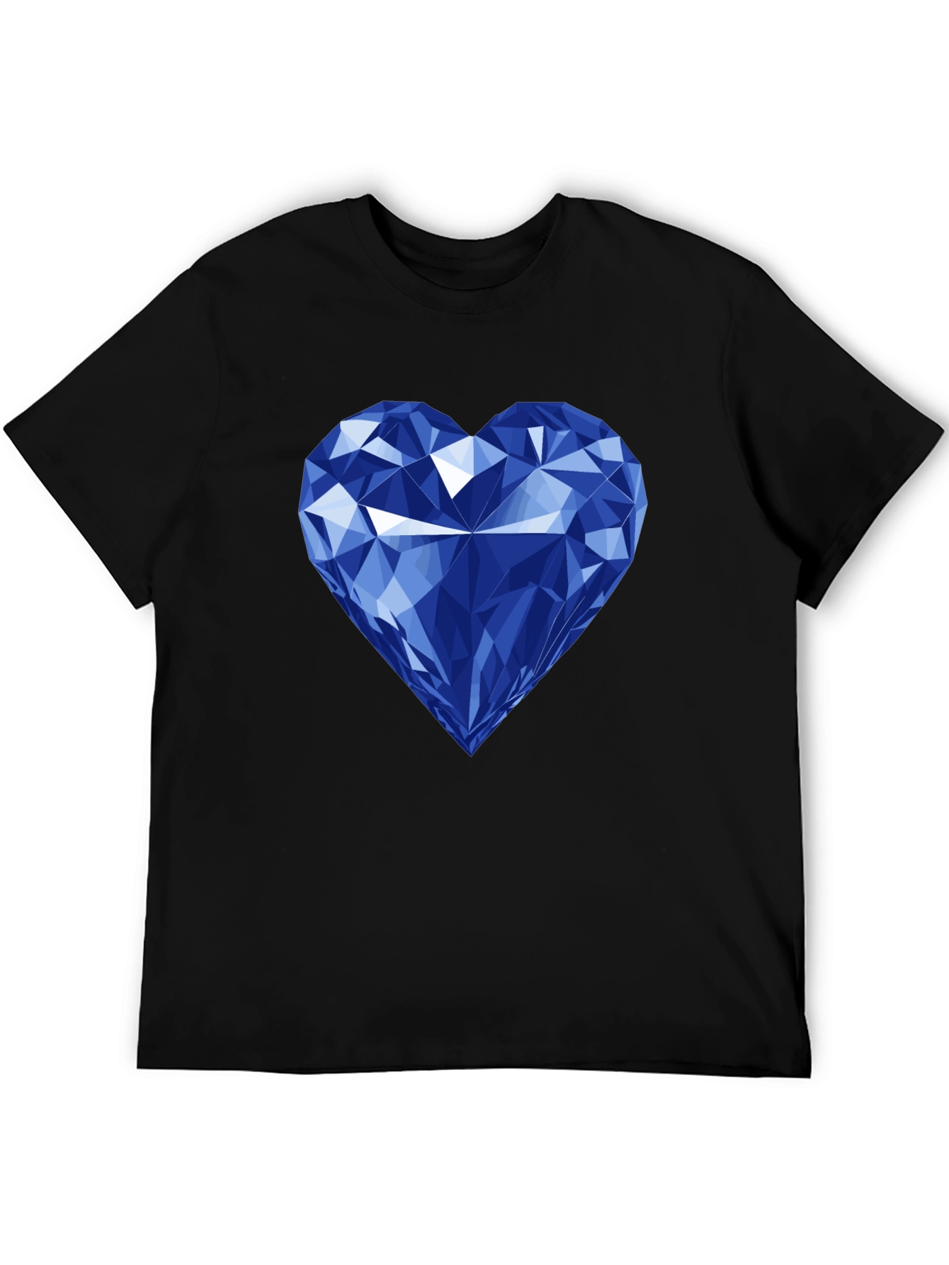 Blue Diamond Heart Graphic Black T-Shirt