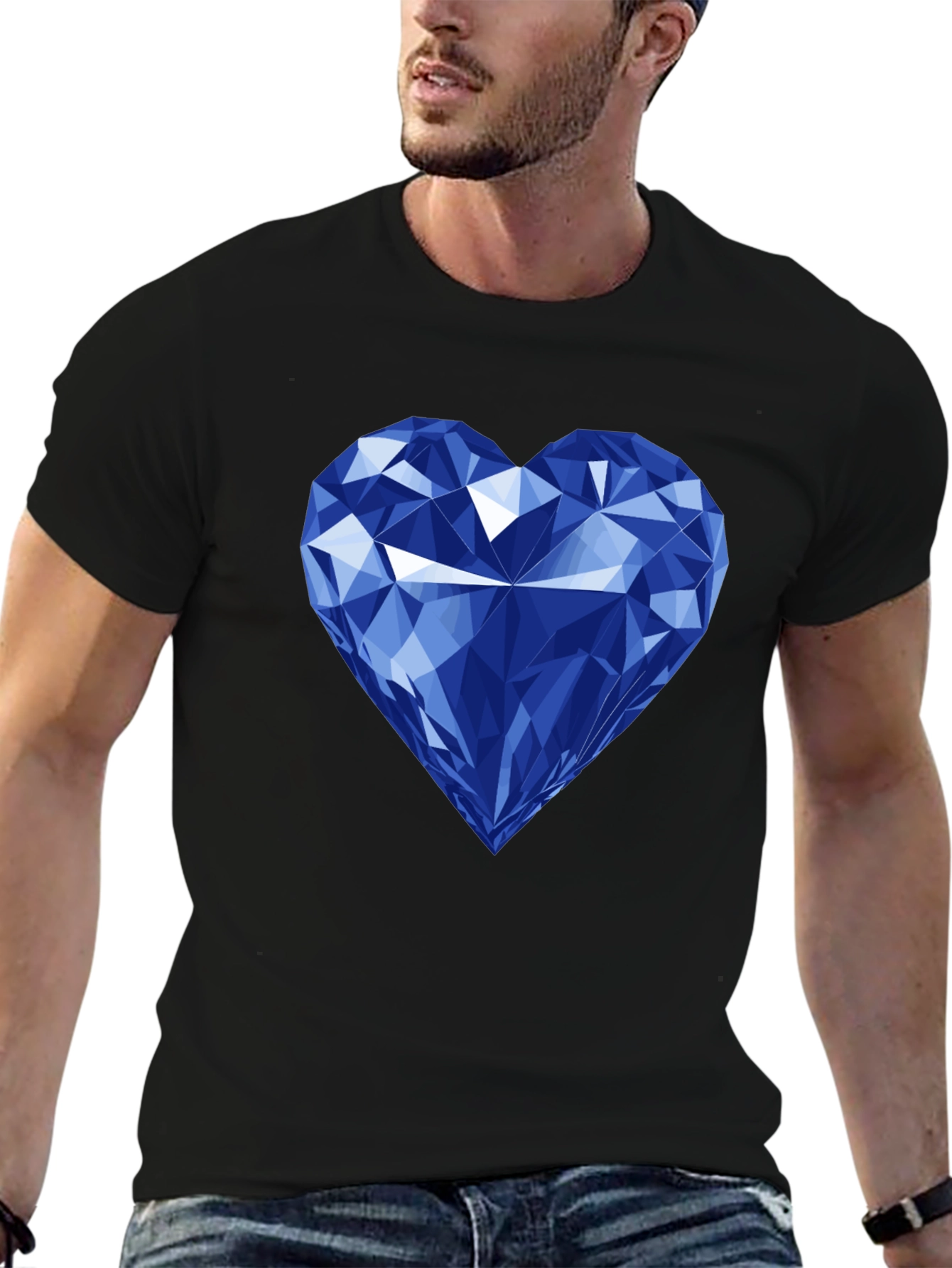 Blue Diamond Heart Graphic Black T-Shirt