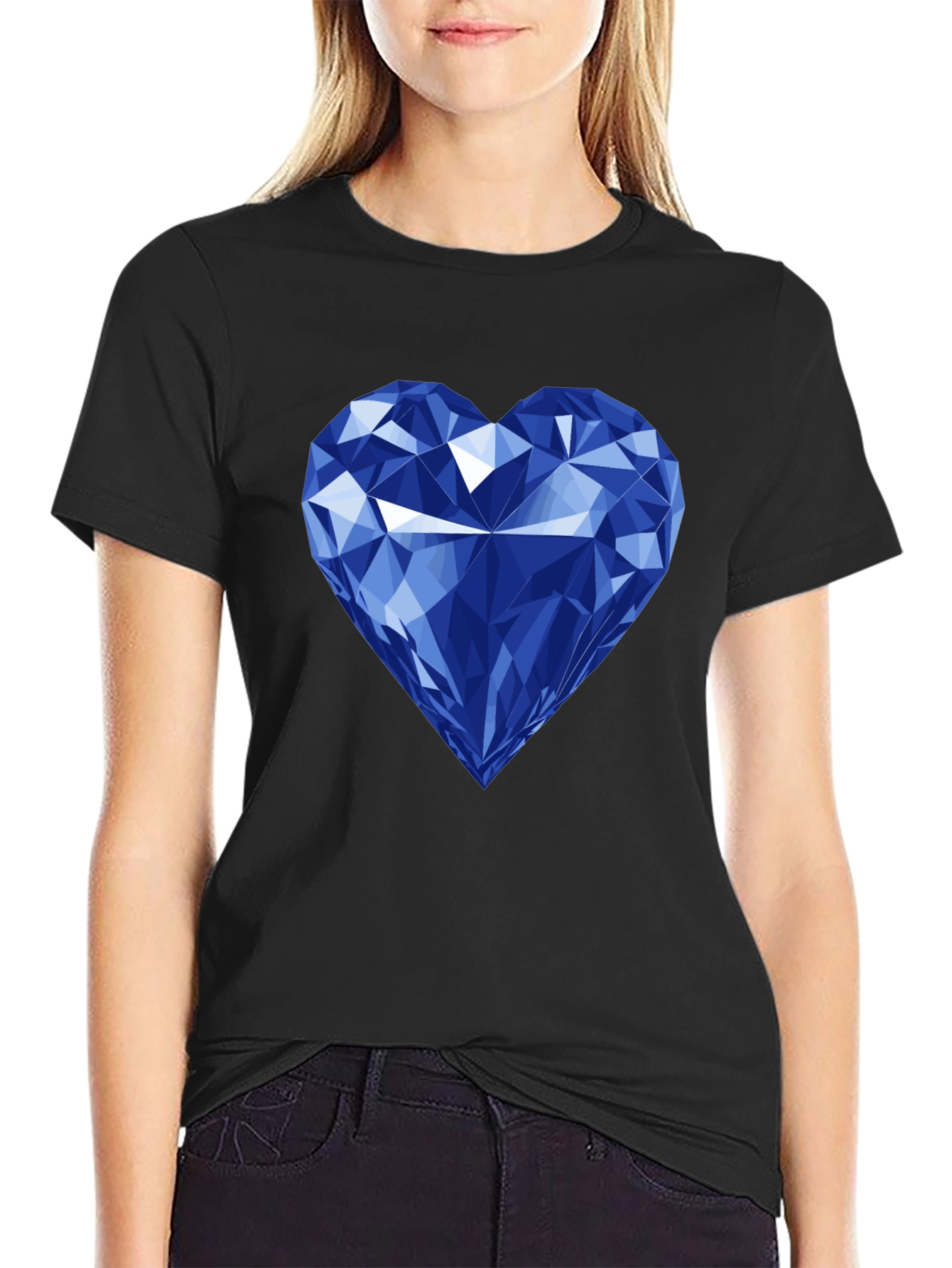 Blue Diamond Heart Graphic Black T-Shirt