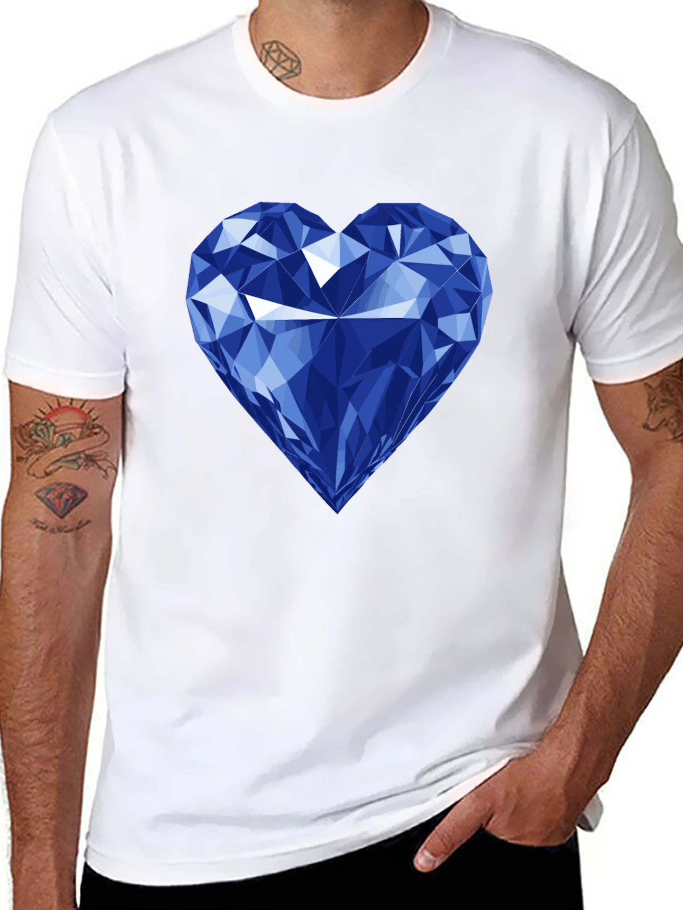Blue Diamond Heart Graphic Black T-Shirt