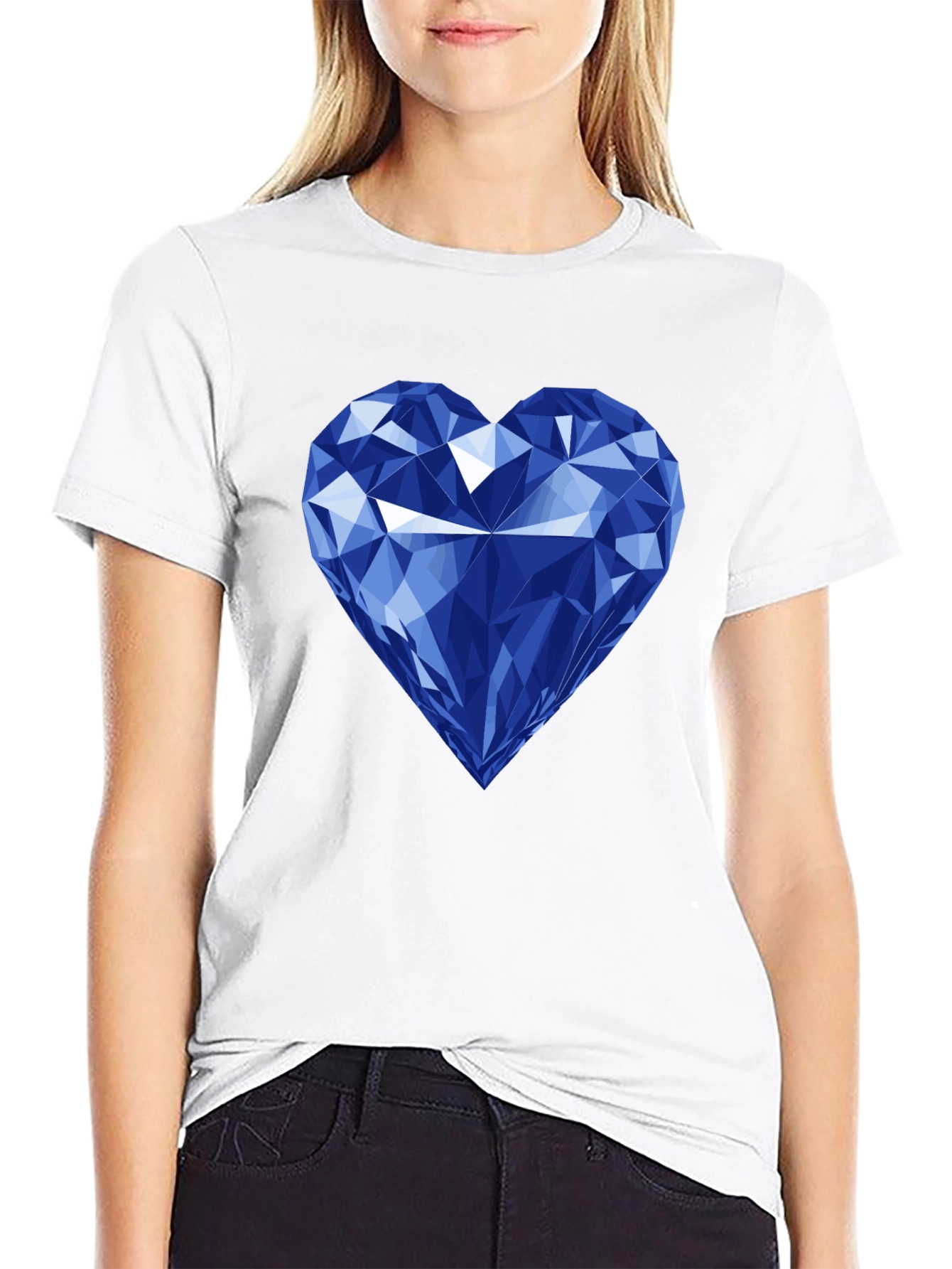 Blue Diamond Heart Graphic Black T-Shirt