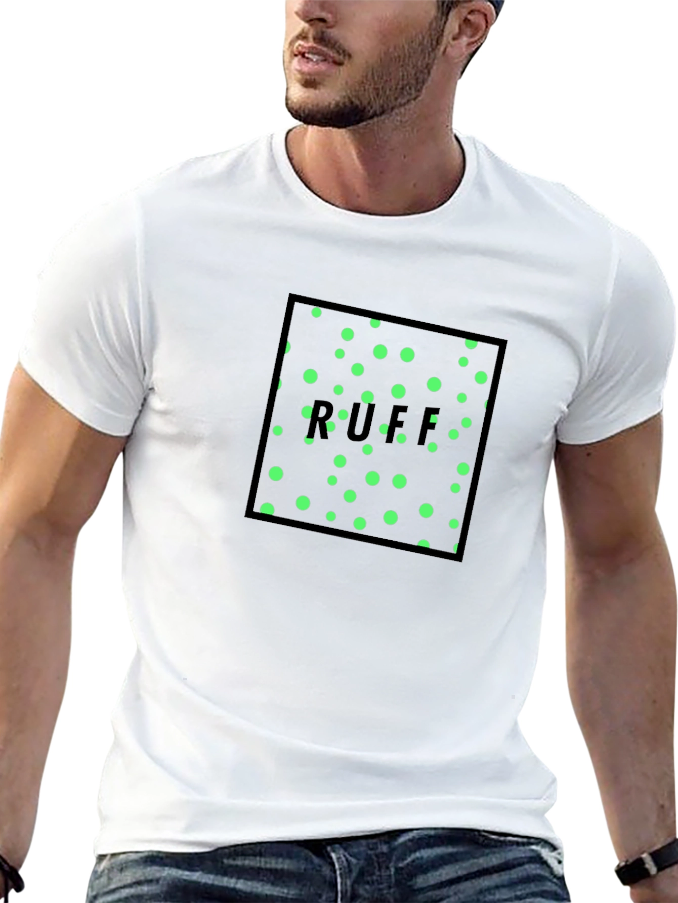 Modern Black T-Shirt with Green Polka Dot Design