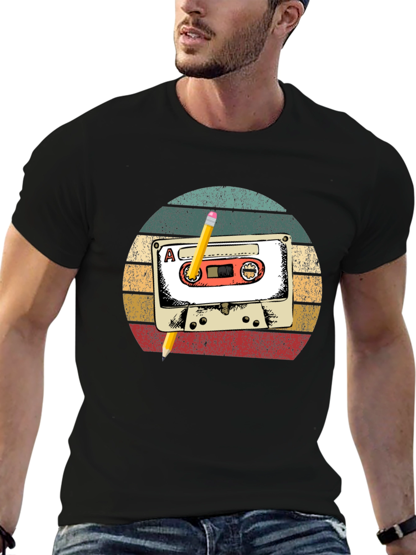 Retro Cassette Tape & Pencil Graphic T-Shirt