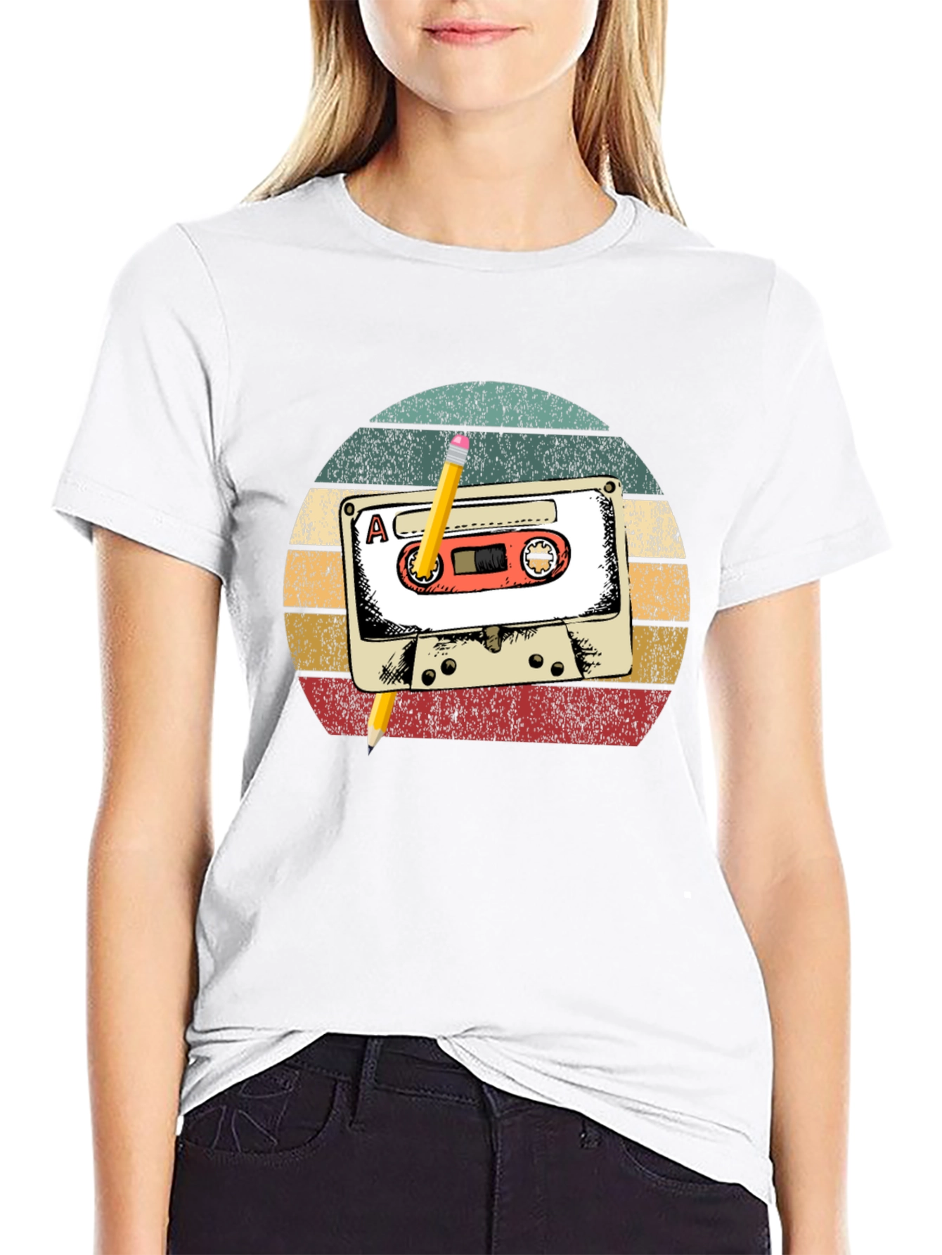 Retro Cassette Tape & Pencil Graphic T-Shirt