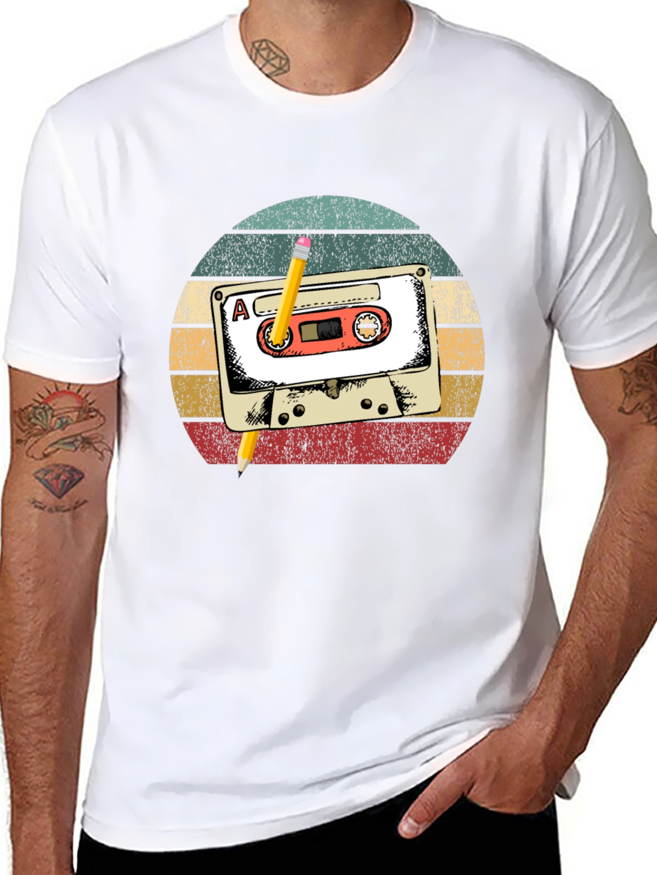 Retro Cassette Tape & Pencil Graphic T-Shirt