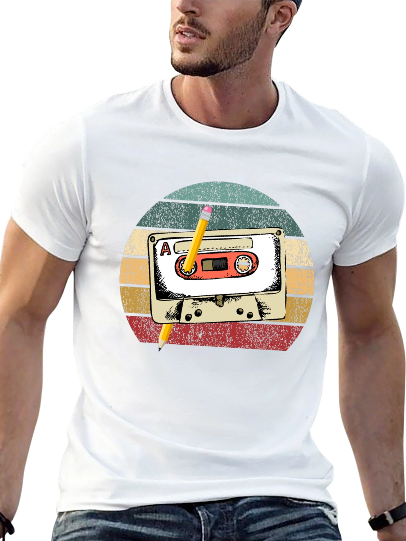 Retro Cassette Tape & Pencil Graphic T-Shirt
