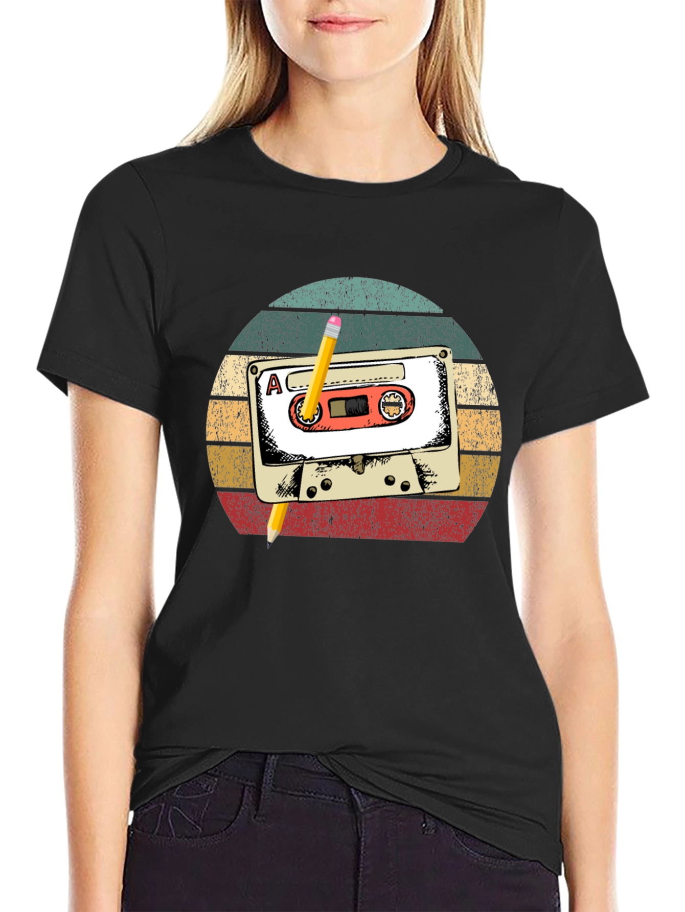 Retro Cassette Tape & Pencil Graphic T-Shirt