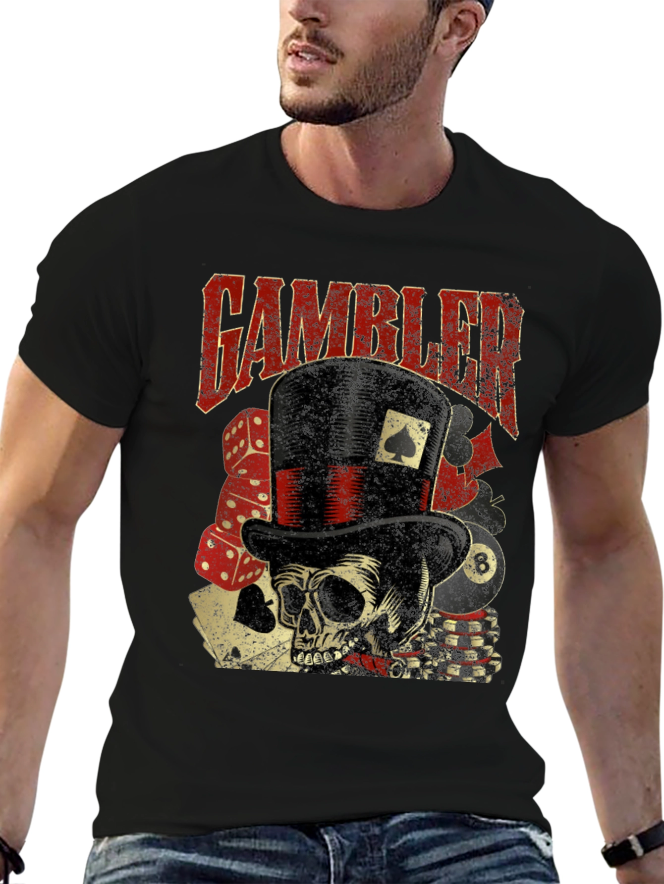 Gambler Skull Graphic T-Shirt - Black
