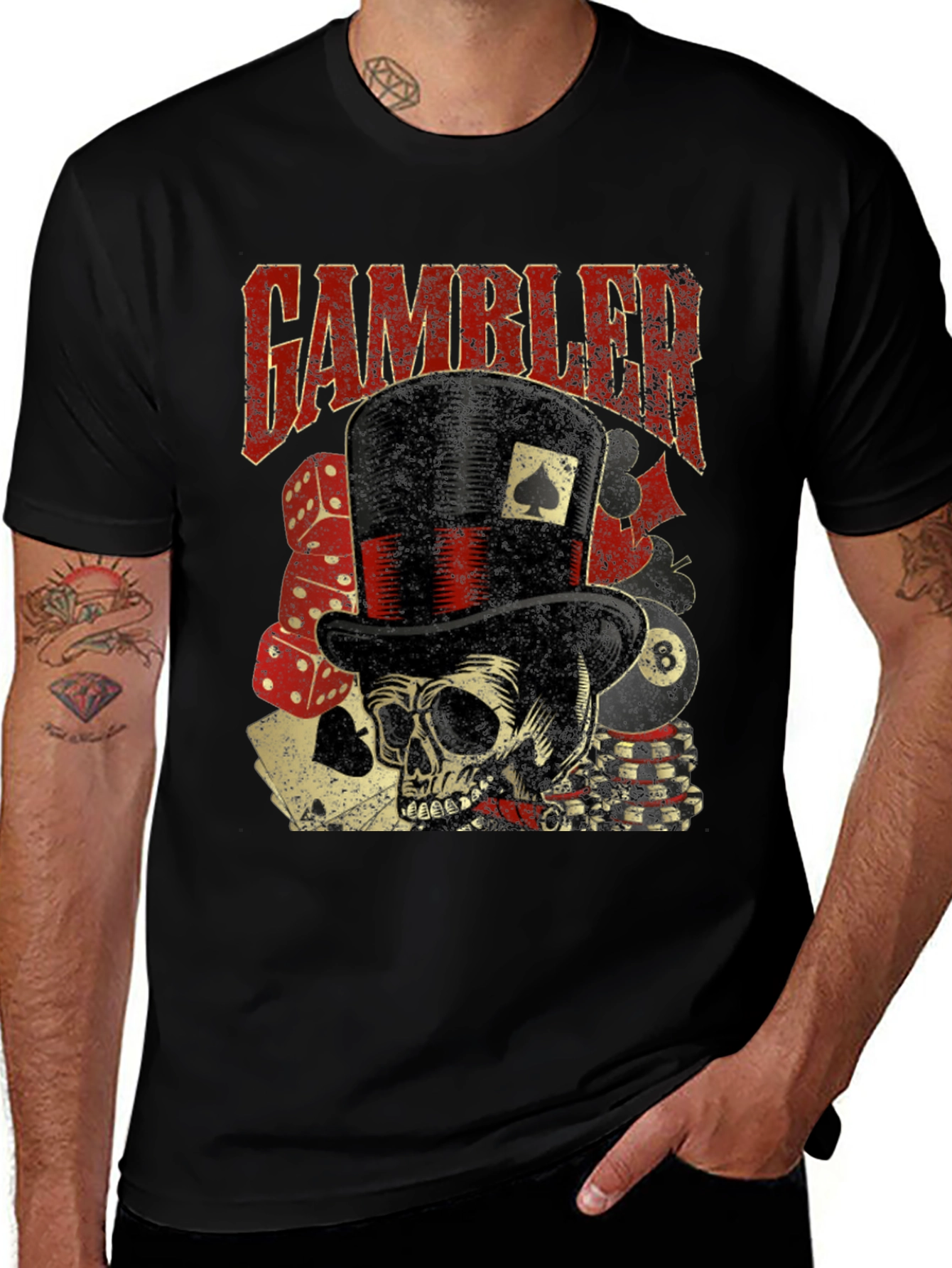 Gambler Skull Graphic T-Shirt - Black