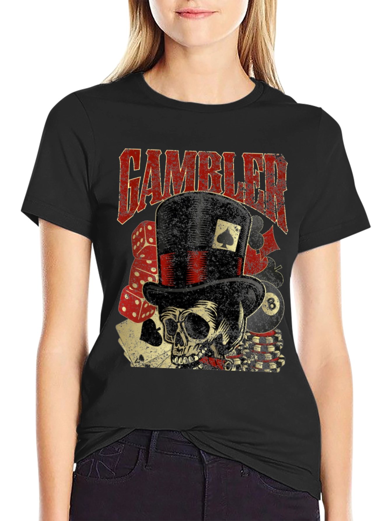 Gambler Skull Graphic T-Shirt - Black