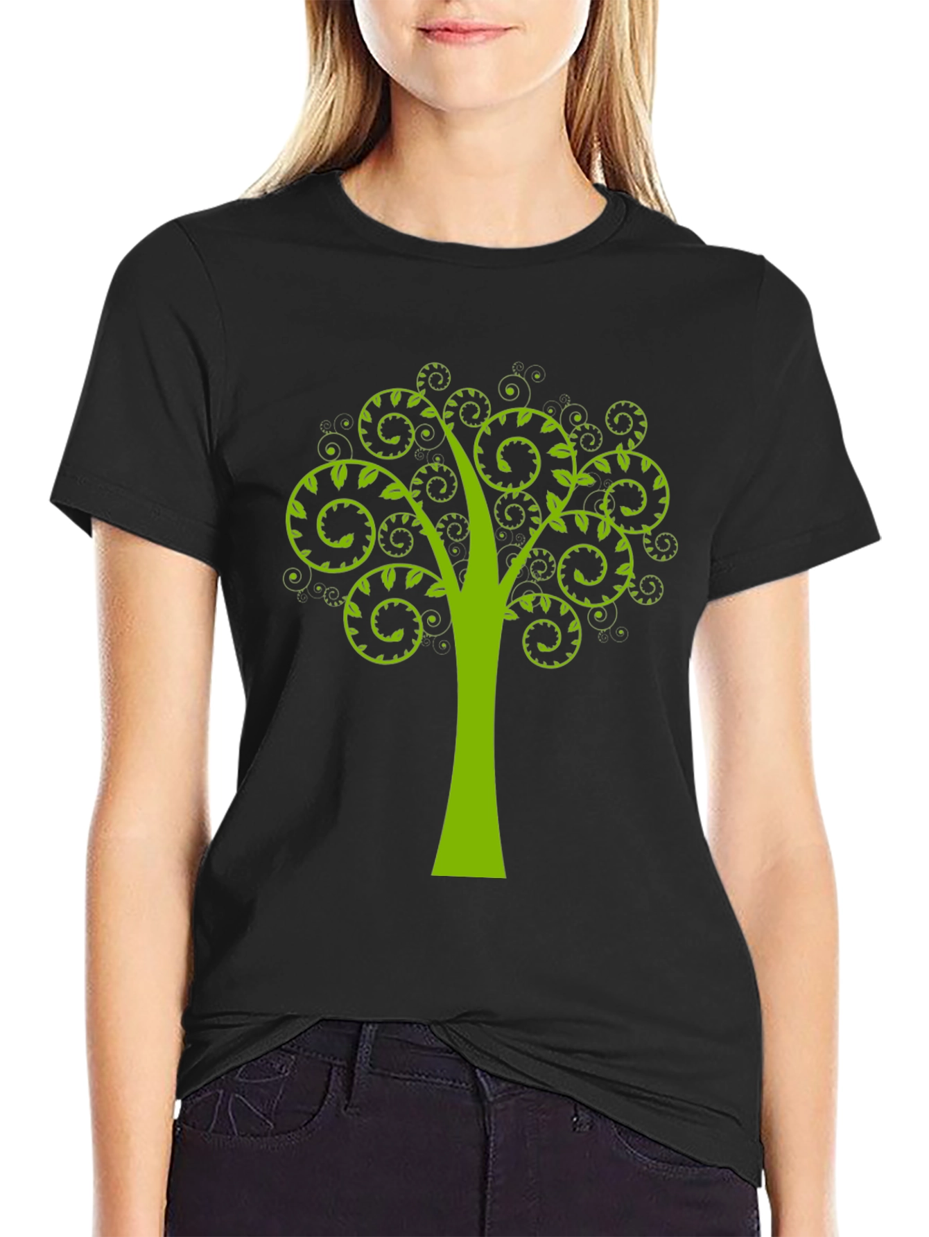 Green Tree Swirl Graphic Black T-Shirt