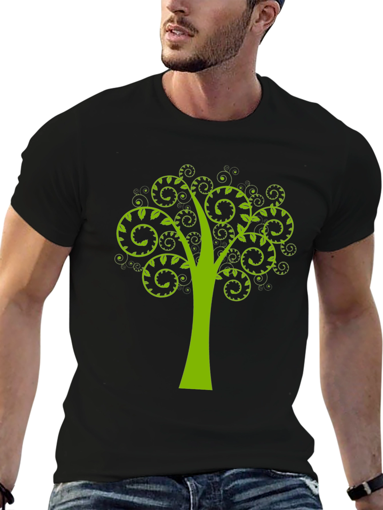 Green Tree Swirl Graphic Black T-Shirt