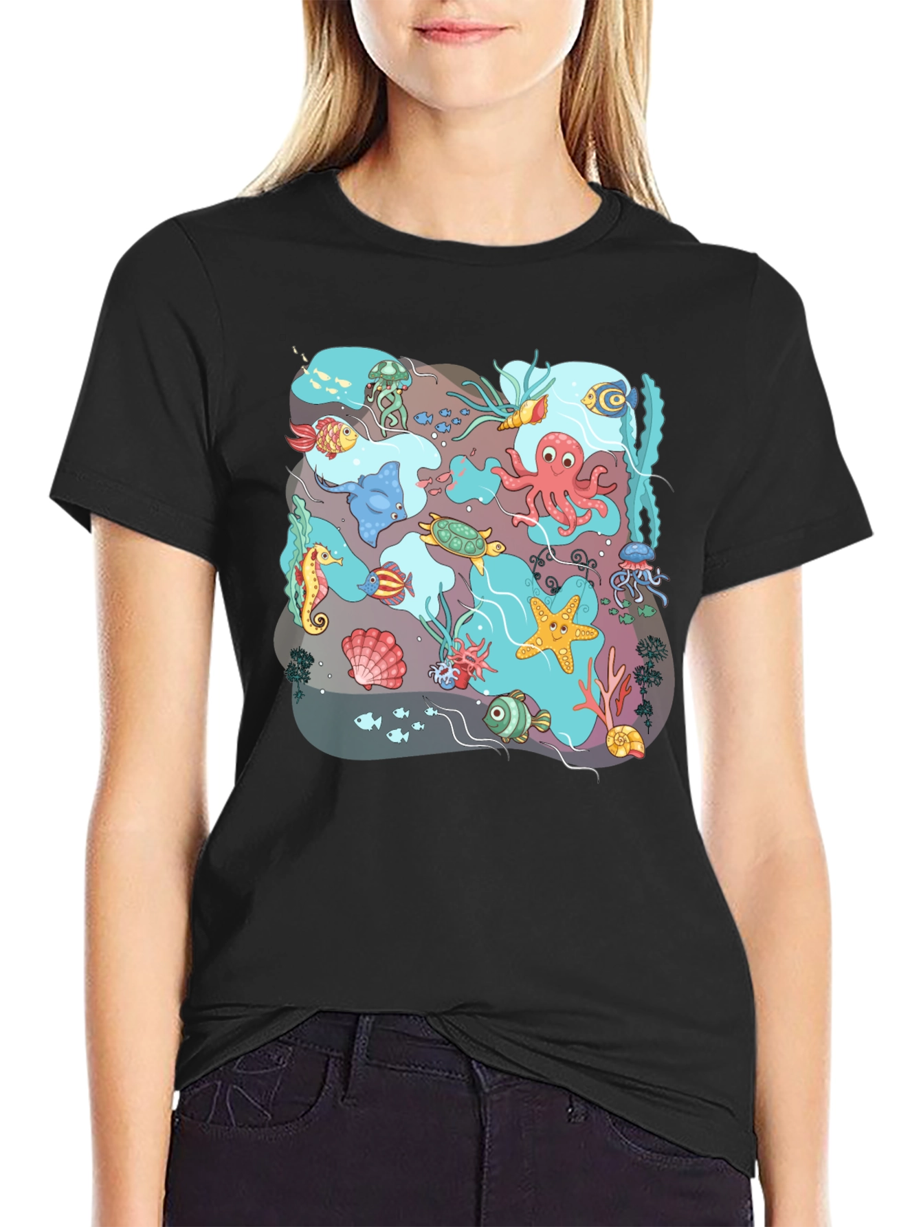 Ocean Life Graphic T-Shirt - Black Cotton Tee
