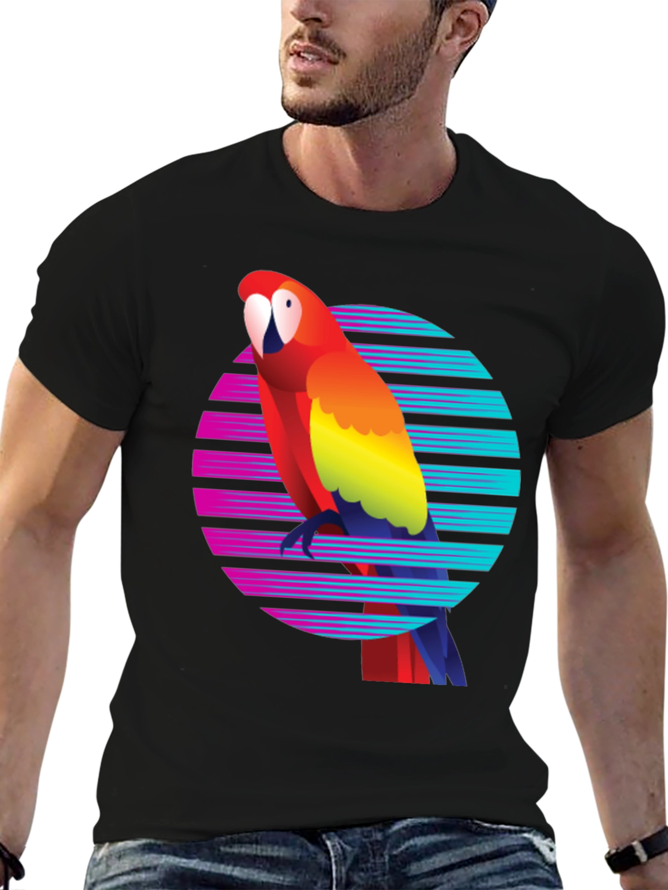 Retro Parrot Graphic Tee - Mens Black T-Shirt