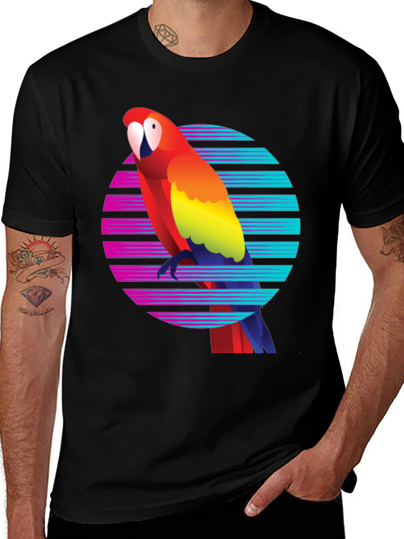 Retro Parrot Graphic Tee - Mens Black T-Shirt