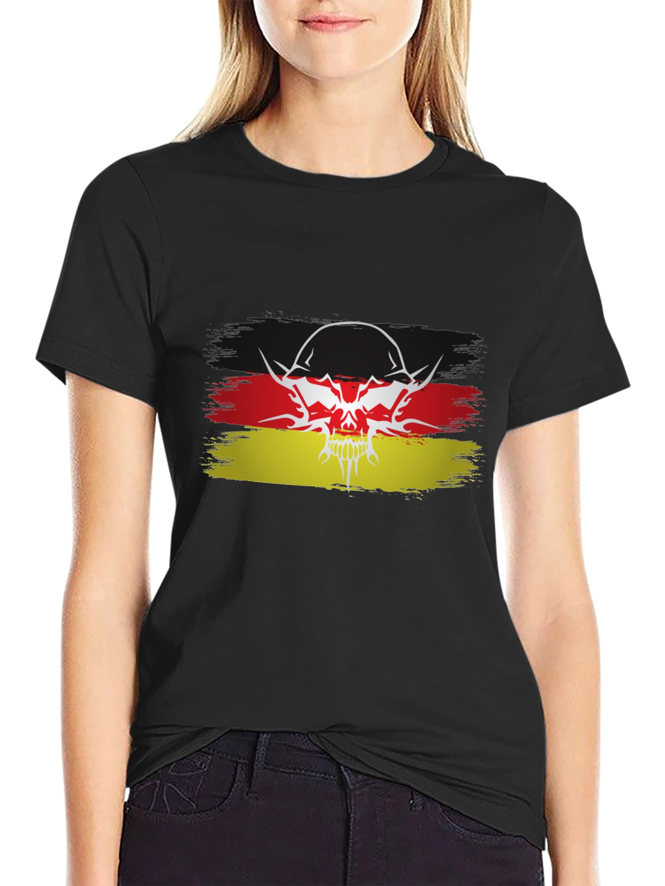 German Flag Skull Graphic Black T-Shirt