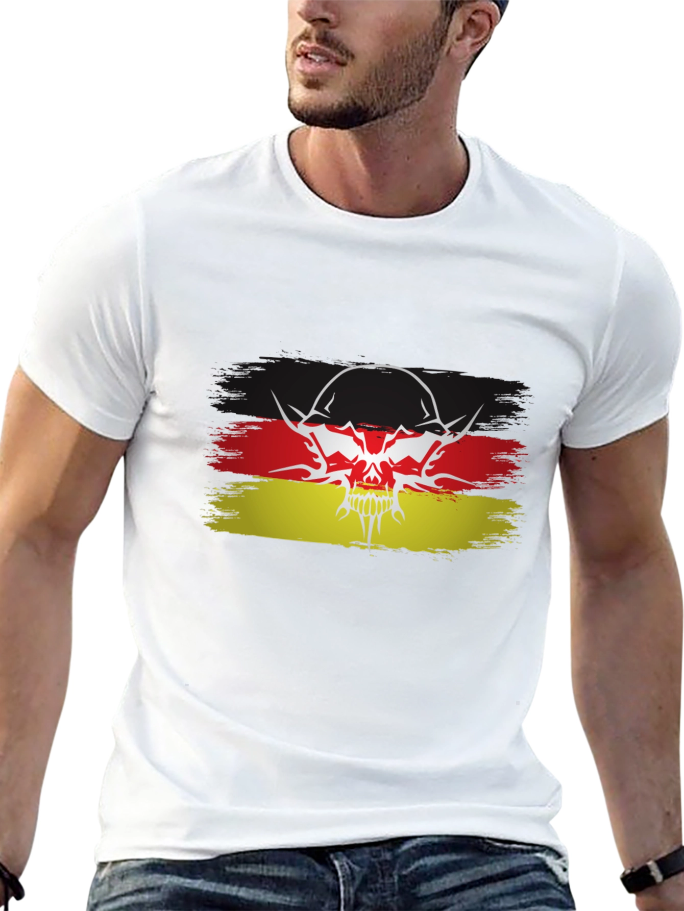 German Flag Skull Graphic Black T-Shirt