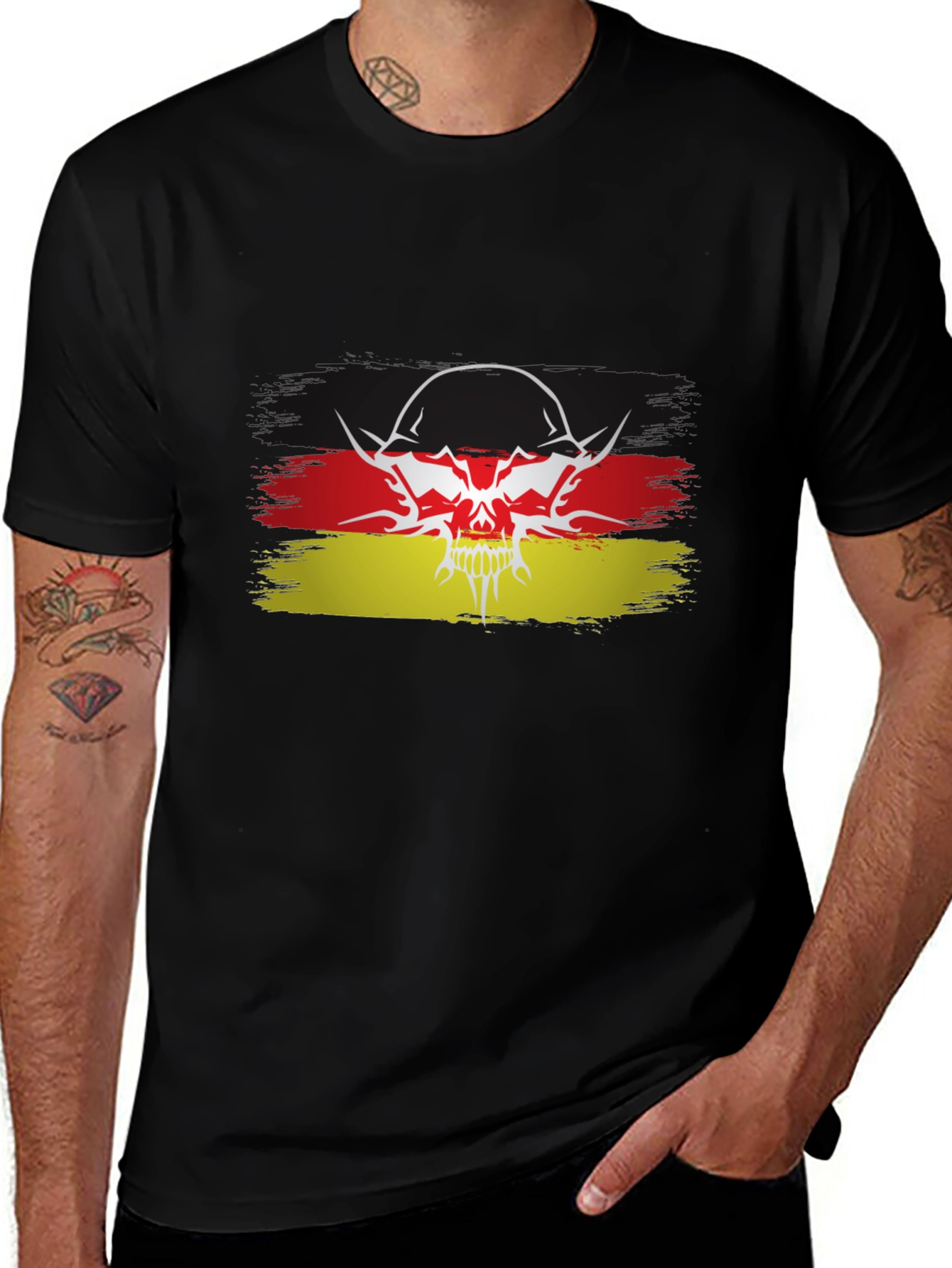 German Flag Skull Graphic Black T-Shirt