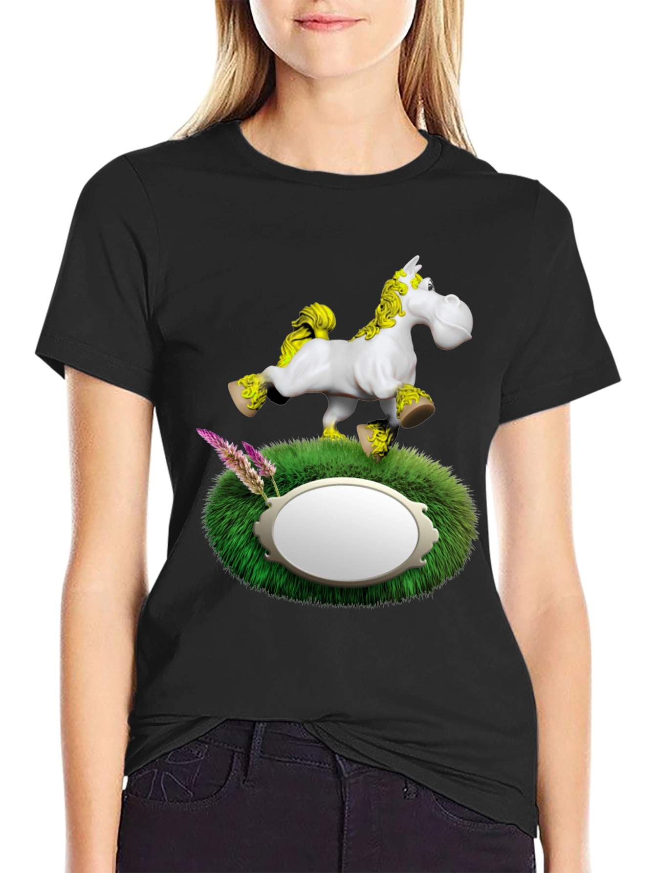 Whimsical Horse Graphic T-Shirt - Black