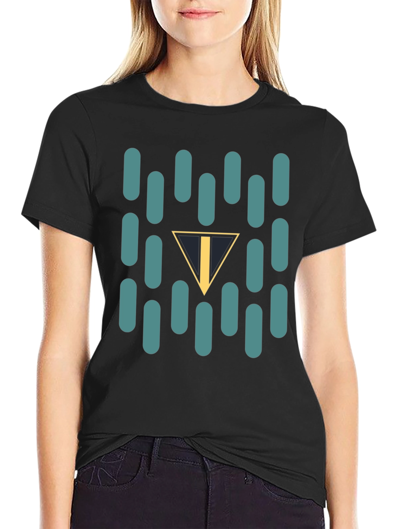 Abstract Teal Capsule and Triangle Graphic Black T-Shirt