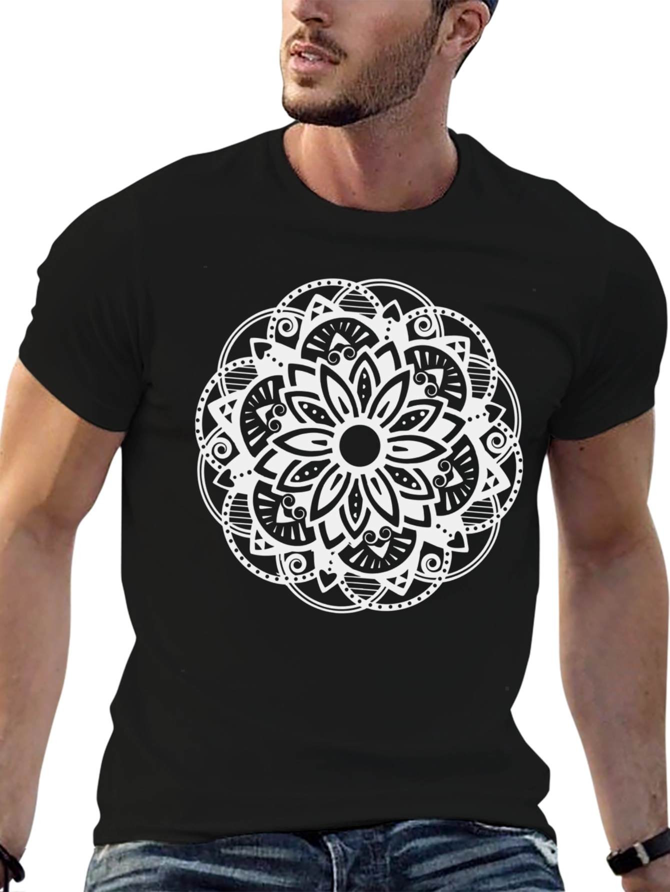 Black T-Shirt with White Mandala Design