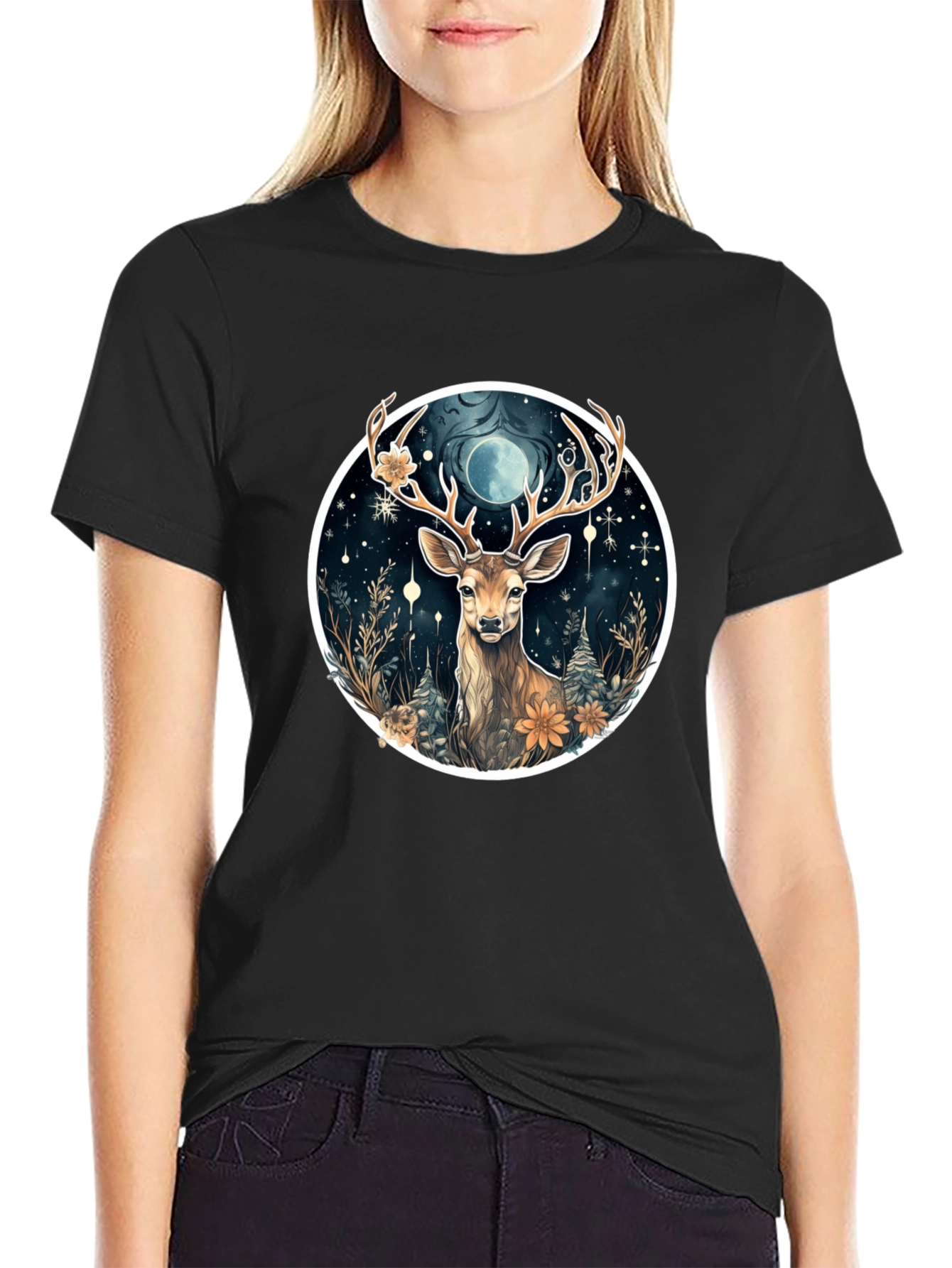 Mystic Deer Graphic Tee - Black Cotton
