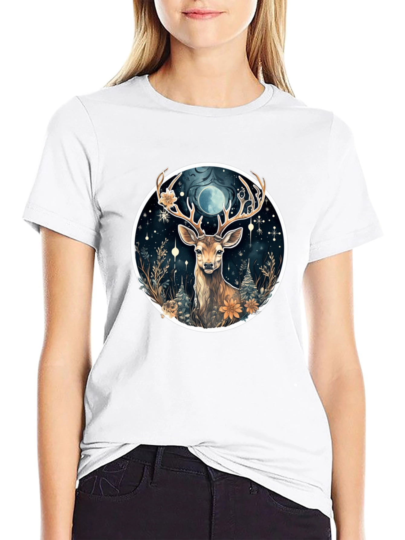 Mystic Deer Graphic Tee - Black Cotton