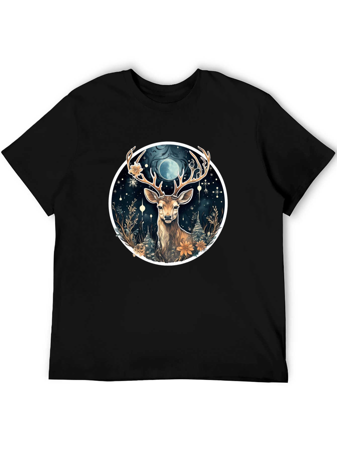 Mystic Deer Graphic Tee - Black Cotton