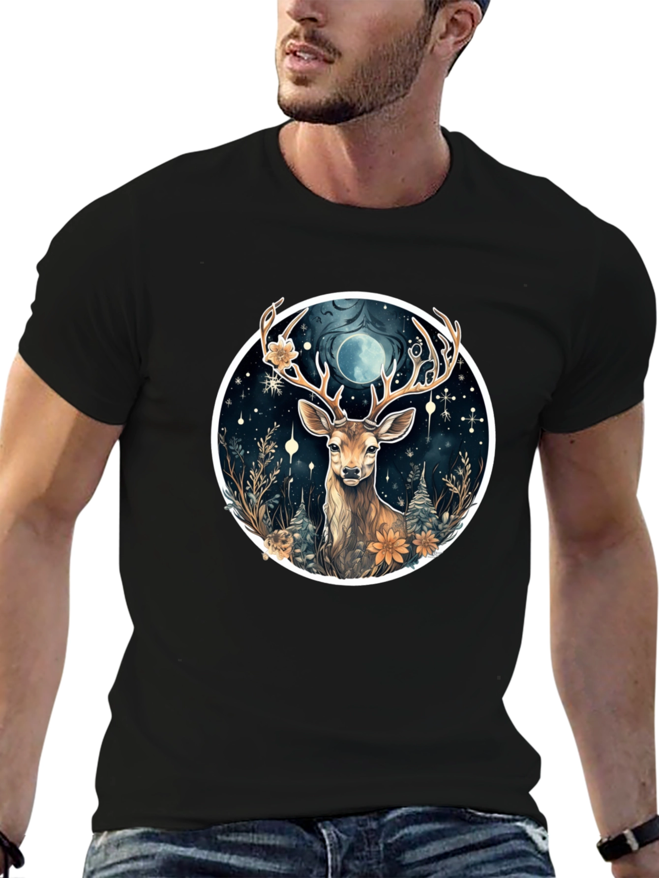 Mystic Deer Graphic Tee - Black Cotton