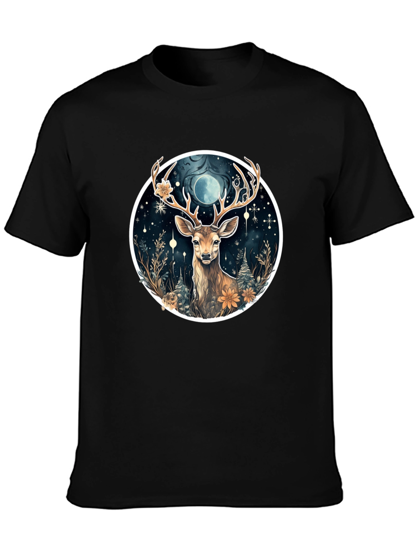 Mystic Deer Graphic Tee - Black Cotton