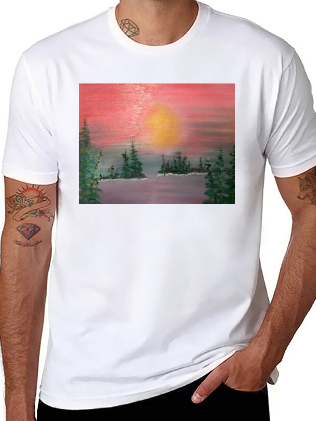 Sunset Lake Painting Graphic Tee - Nature Art T-Shirt