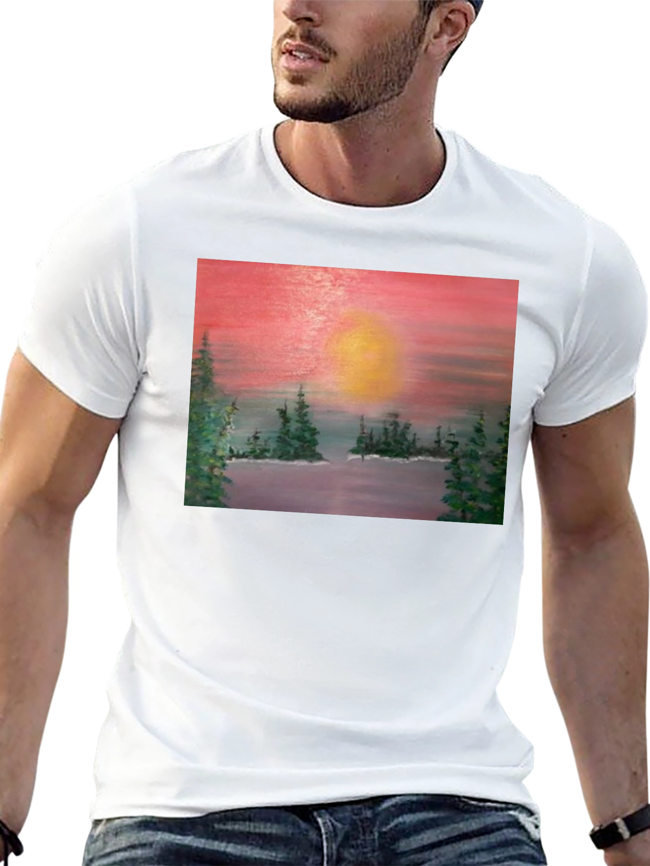 Sunset Lake Painting Graphic Tee - Nature Art T-Shirt
