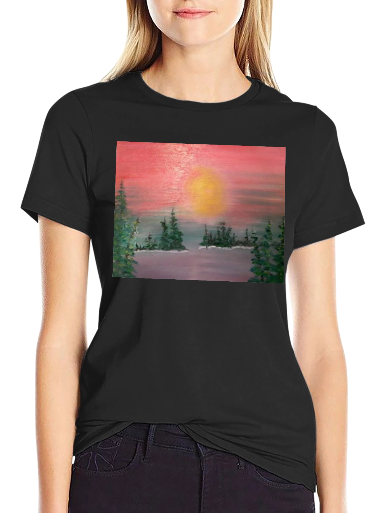 Sunset Lake Painting Graphic Tee - Nature Art T-Shirt