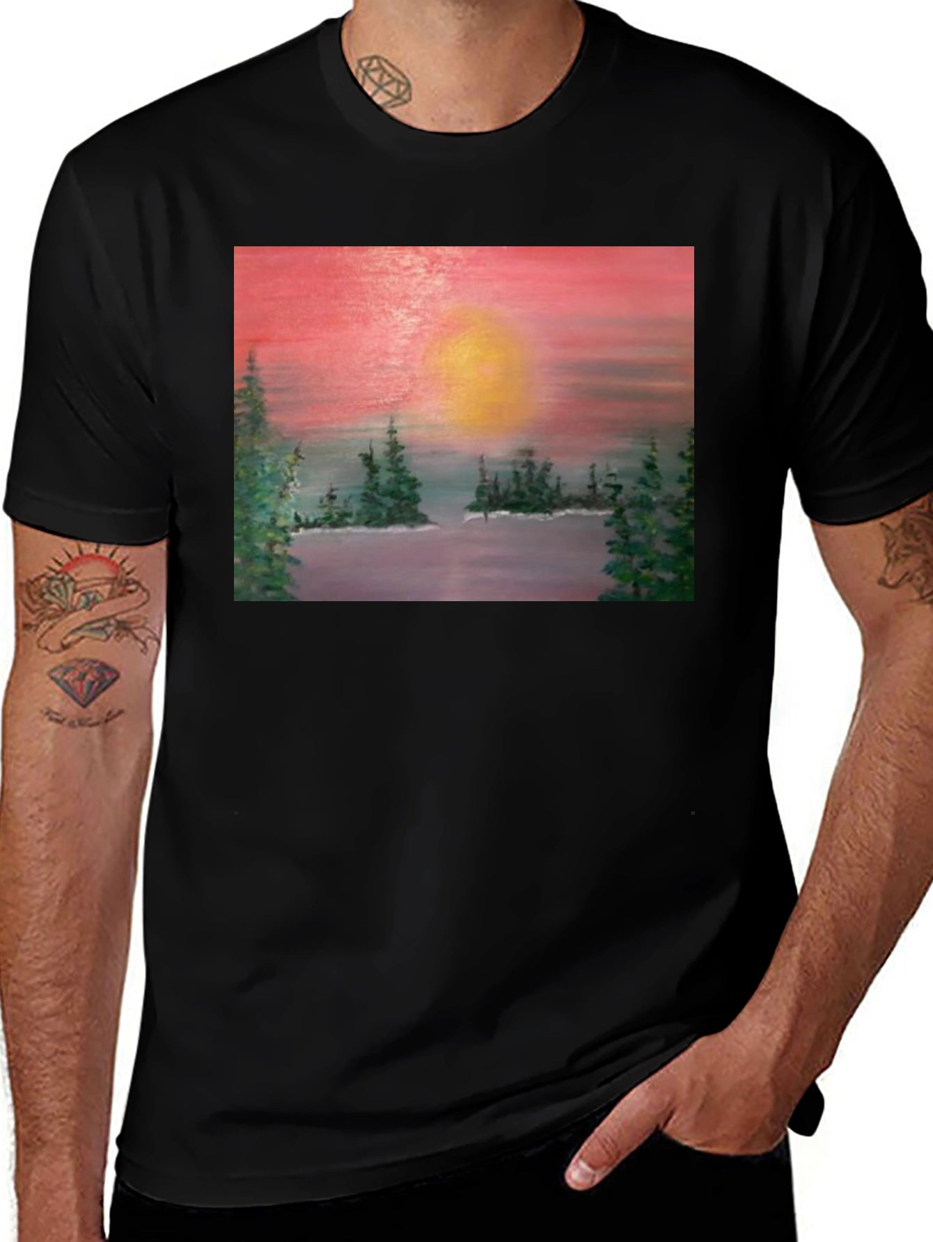 Sunset Lake Painting Graphic Tee - Nature Art T-Shirt