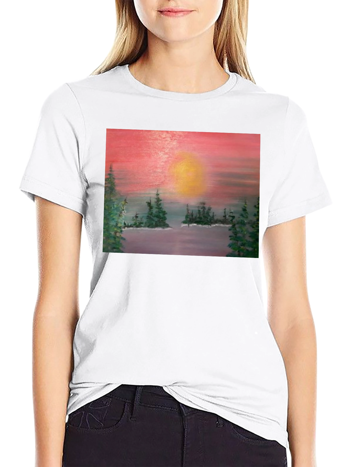 Sunset Lake Painting Graphic Tee - Nature Art T-Shirt