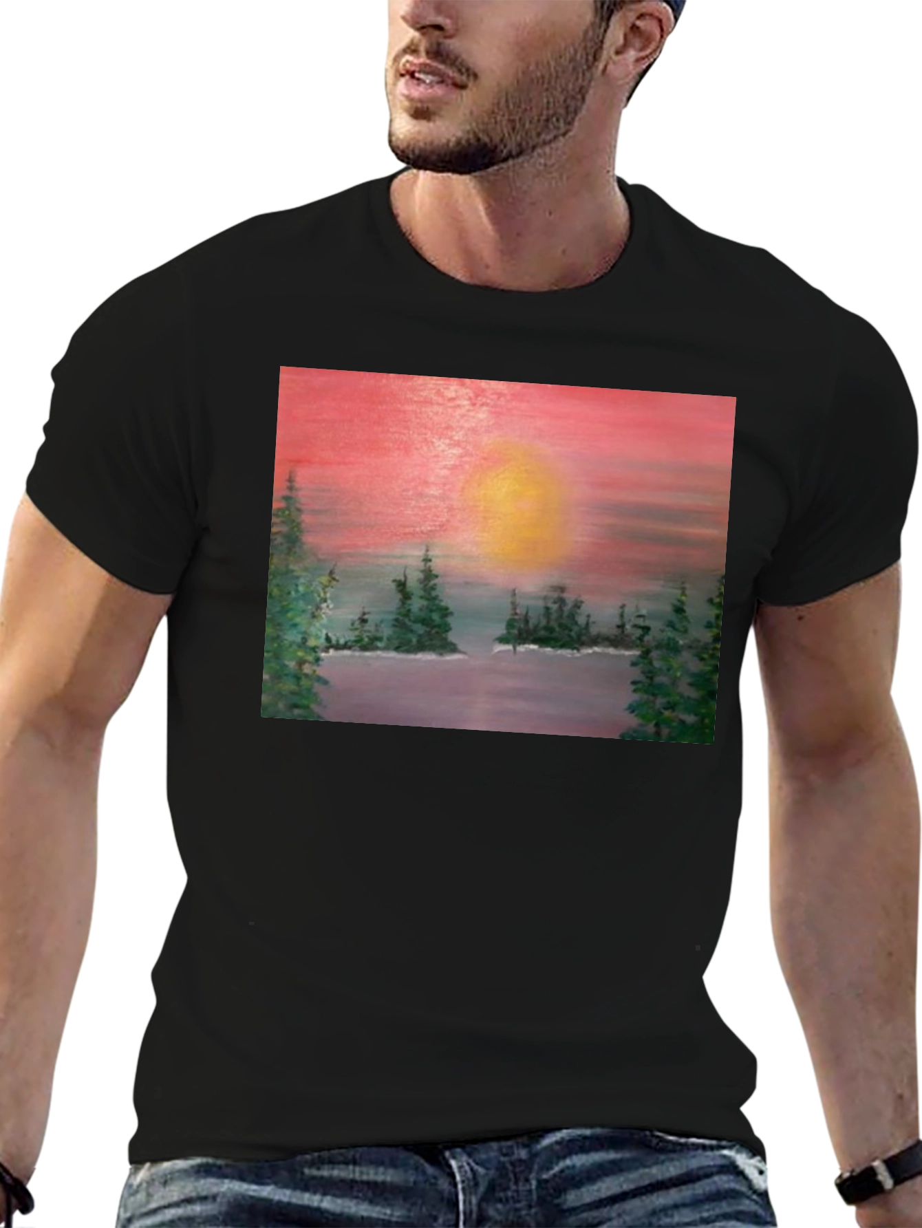 Sunset Lake Painting Graphic Tee - Nature Art T-Shirt