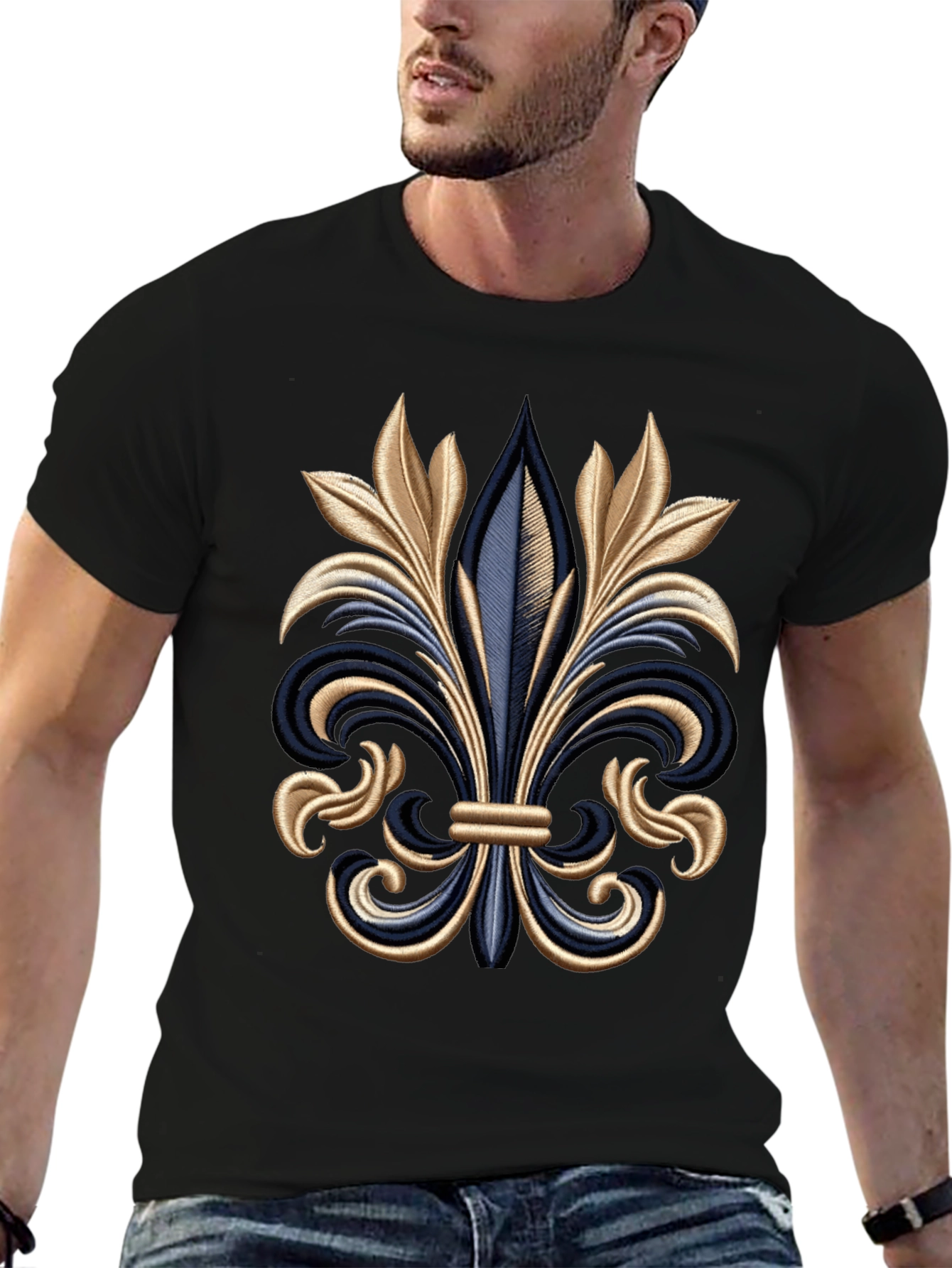 Fleur-de-lis Embroidered Graphic Tee - Stylish Mens Black T-Shirt
