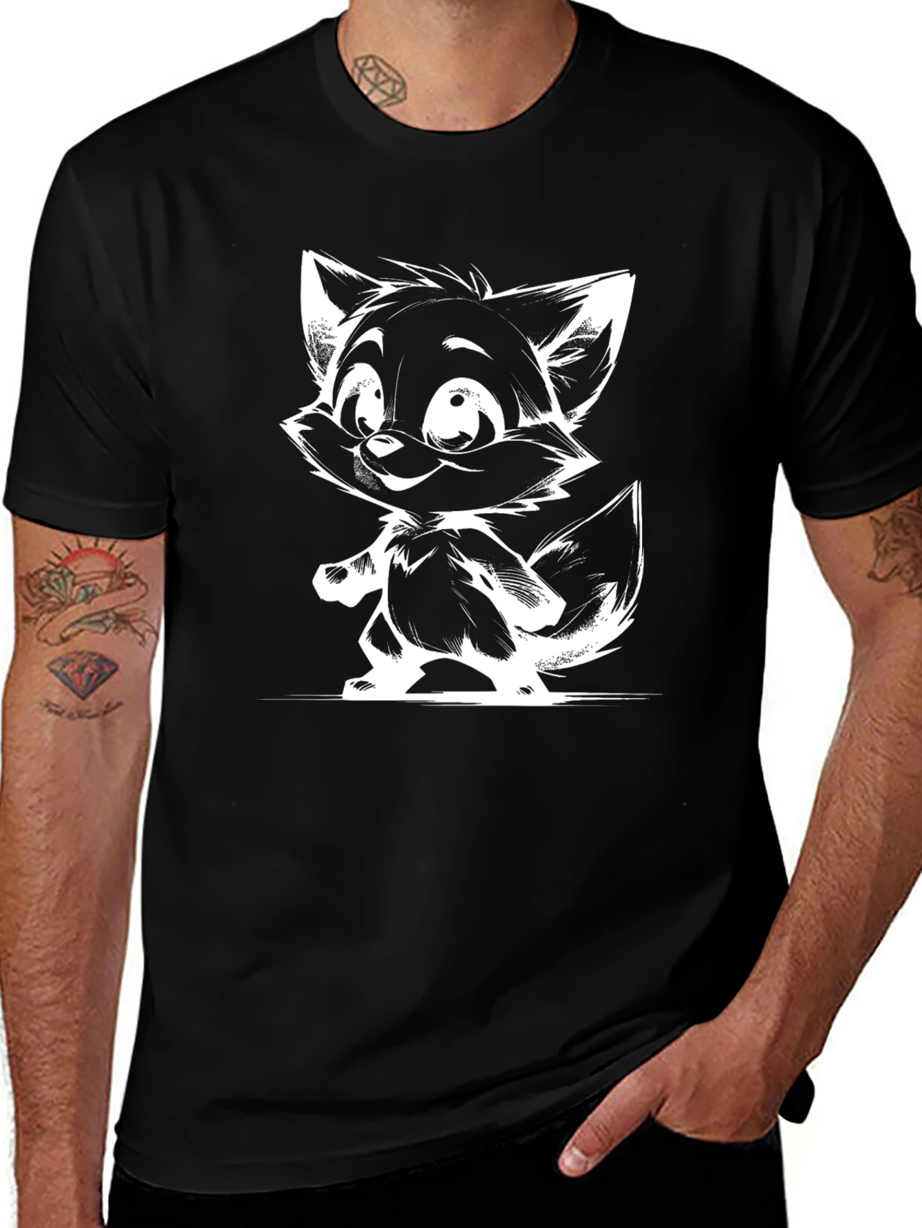 Cartoon Fox Graphic Tee - Black T-Shirt