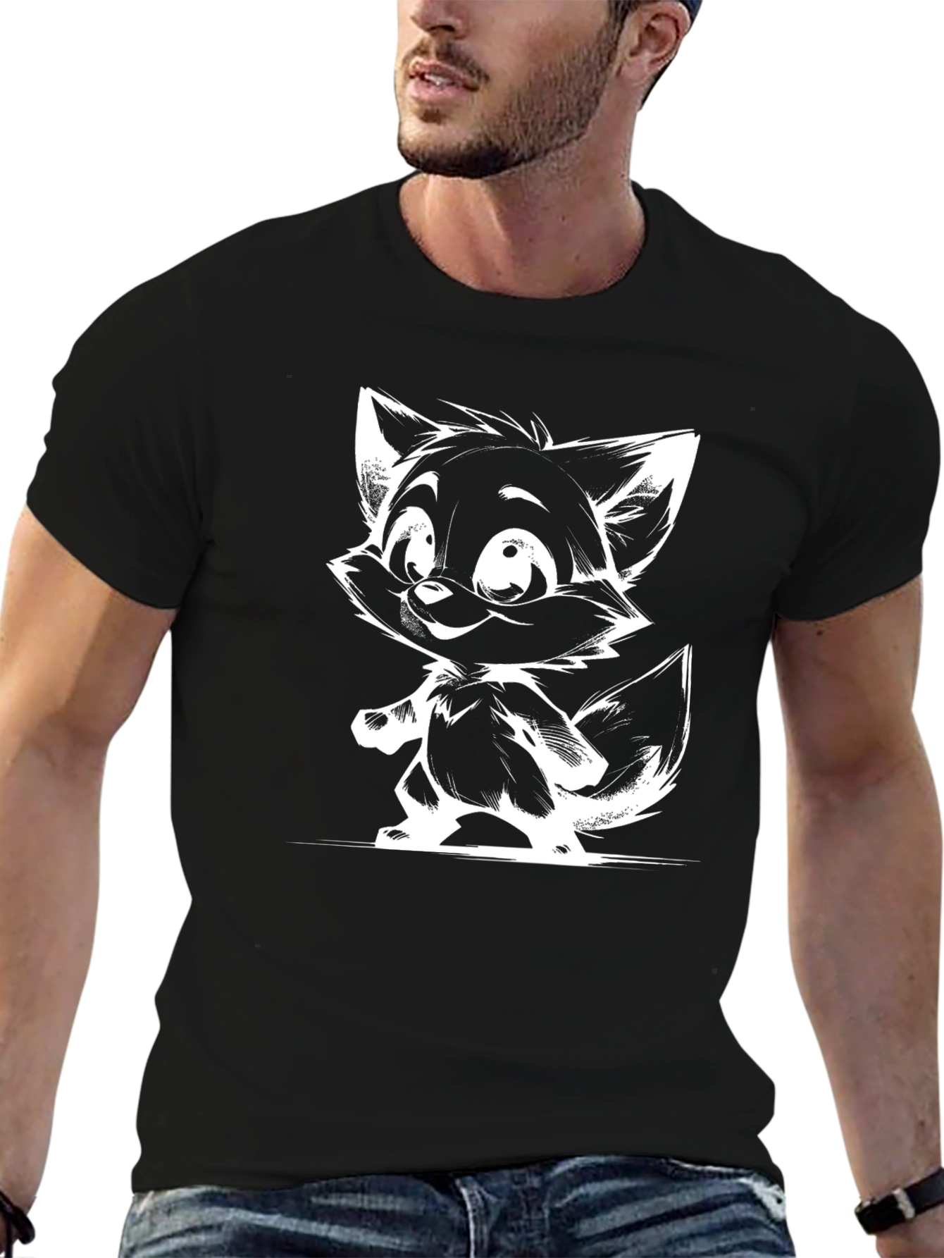 Cartoon Fox Graphic Tee - Black T-Shirt