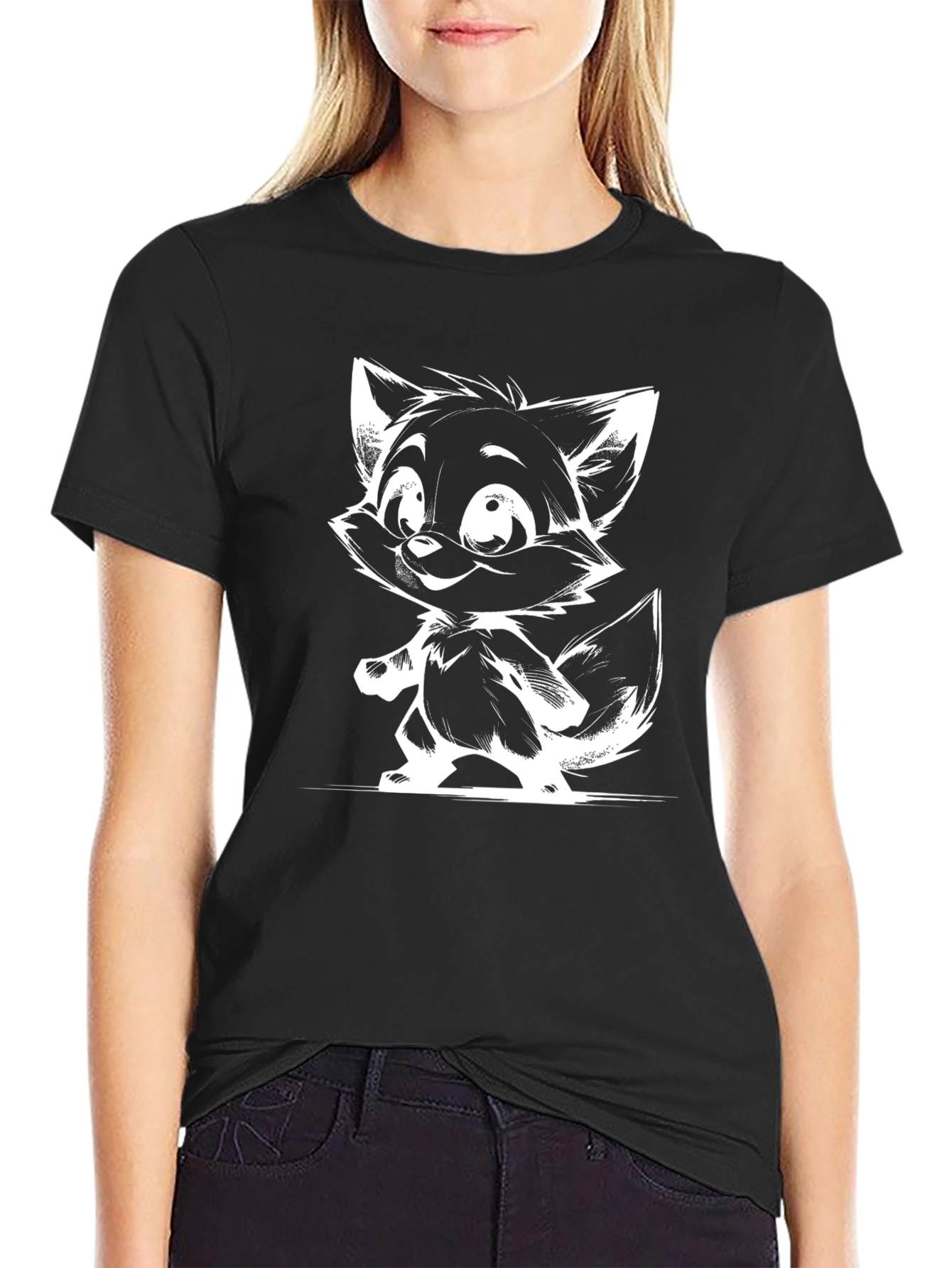 Cartoon Fox Graphic Tee - Black T-Shirt