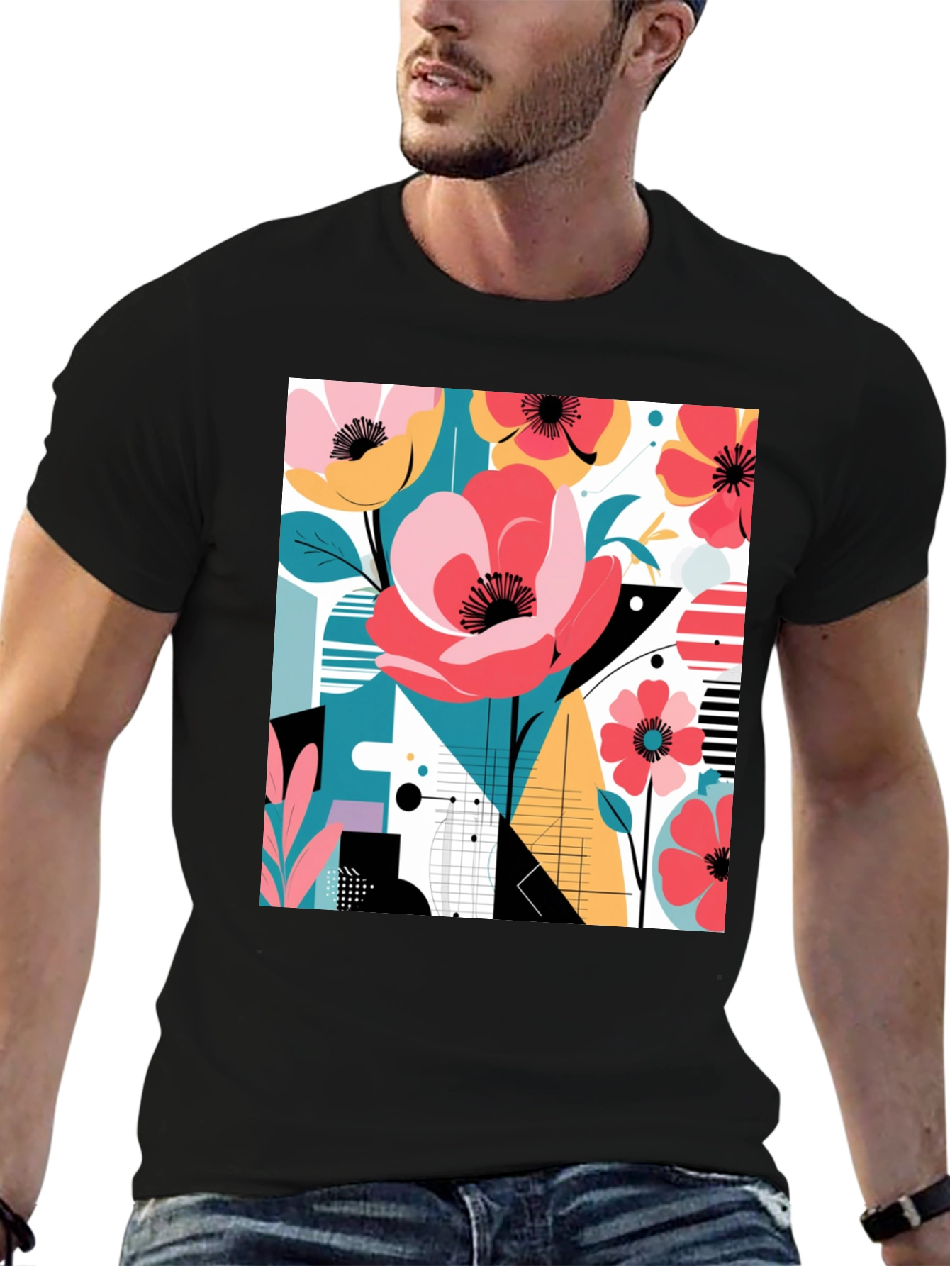 Modern Floral Graphic Print Black T-Shirt
